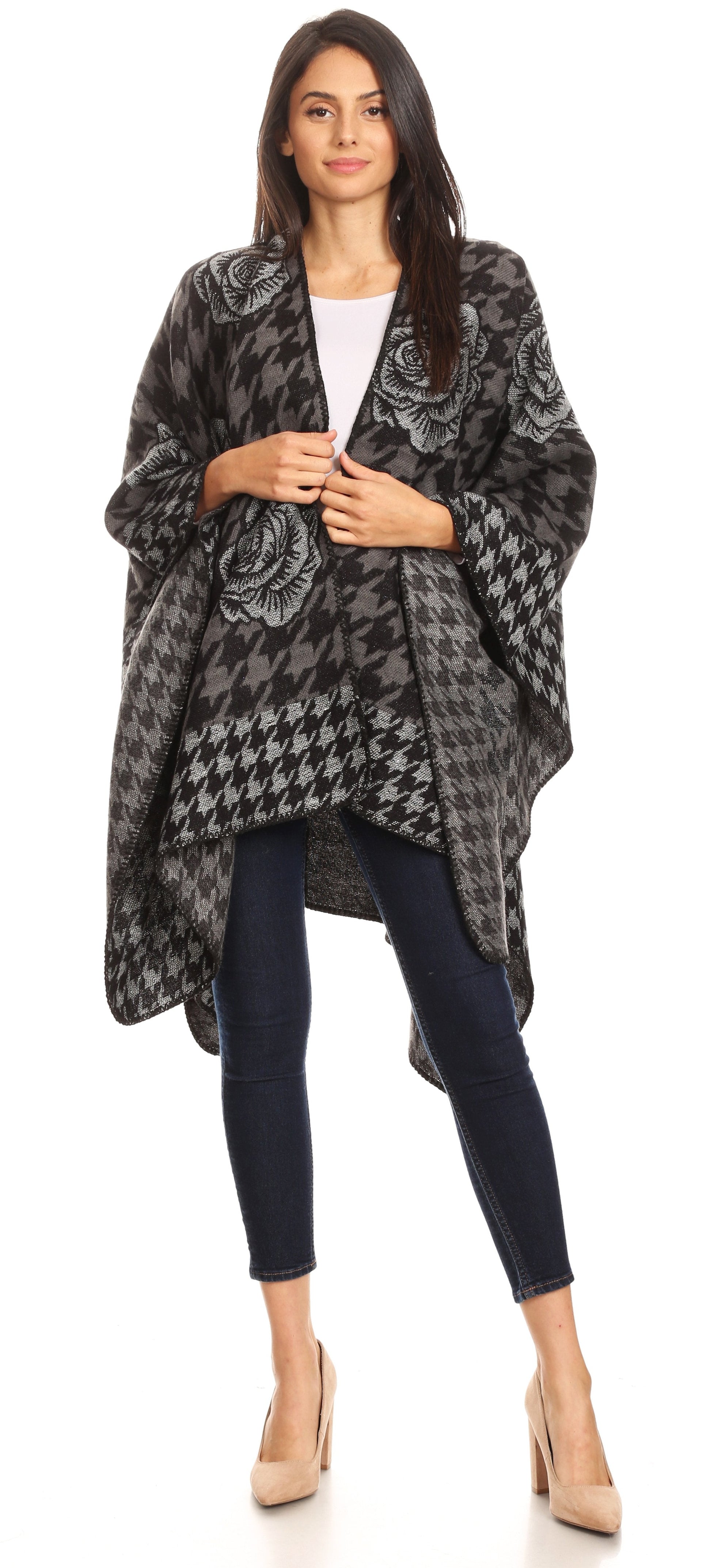 Sakkas Lupe Womens Reversible Poncho Wrap Cape Shawl Sweater Coat Cardigan Pattern - Concordia Style Boutique