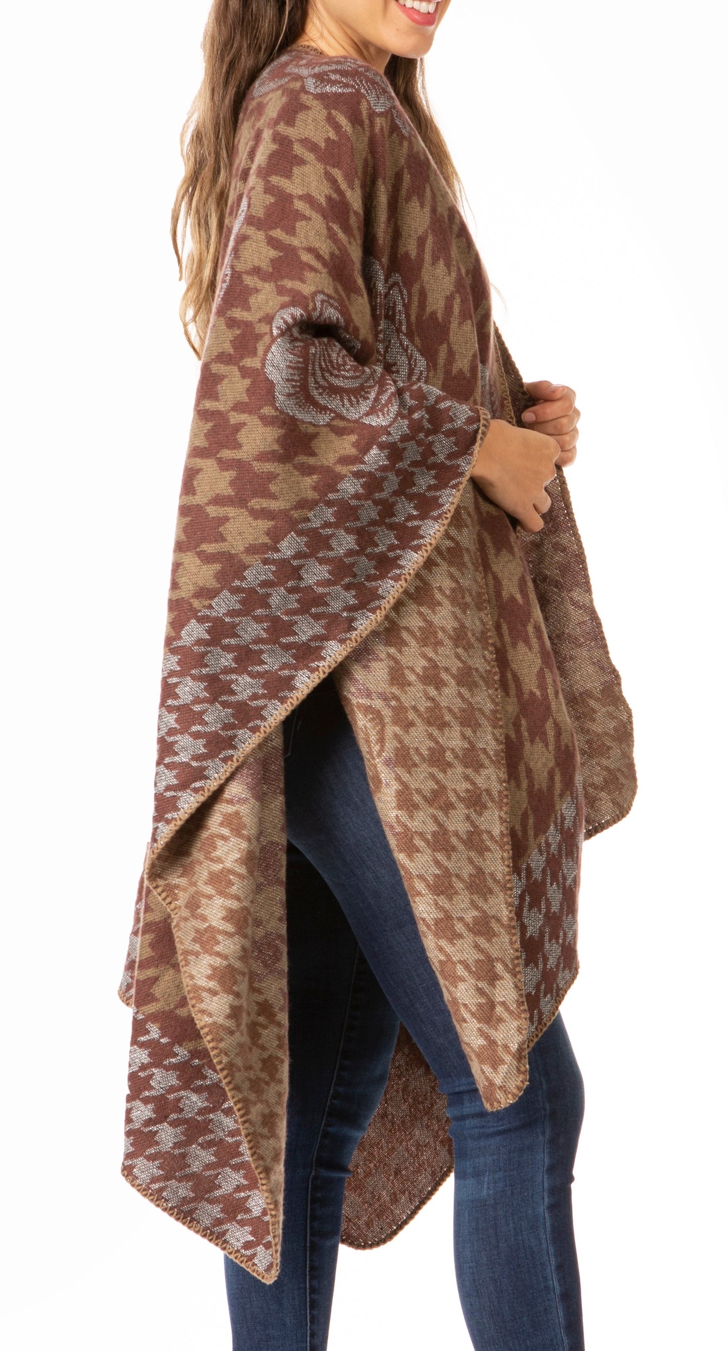 Sakkas Lupe Womens Reversible Poncho Wrap Cape Shawl Sweater Coat Cardigan Pattern - Concordia Style Boutique