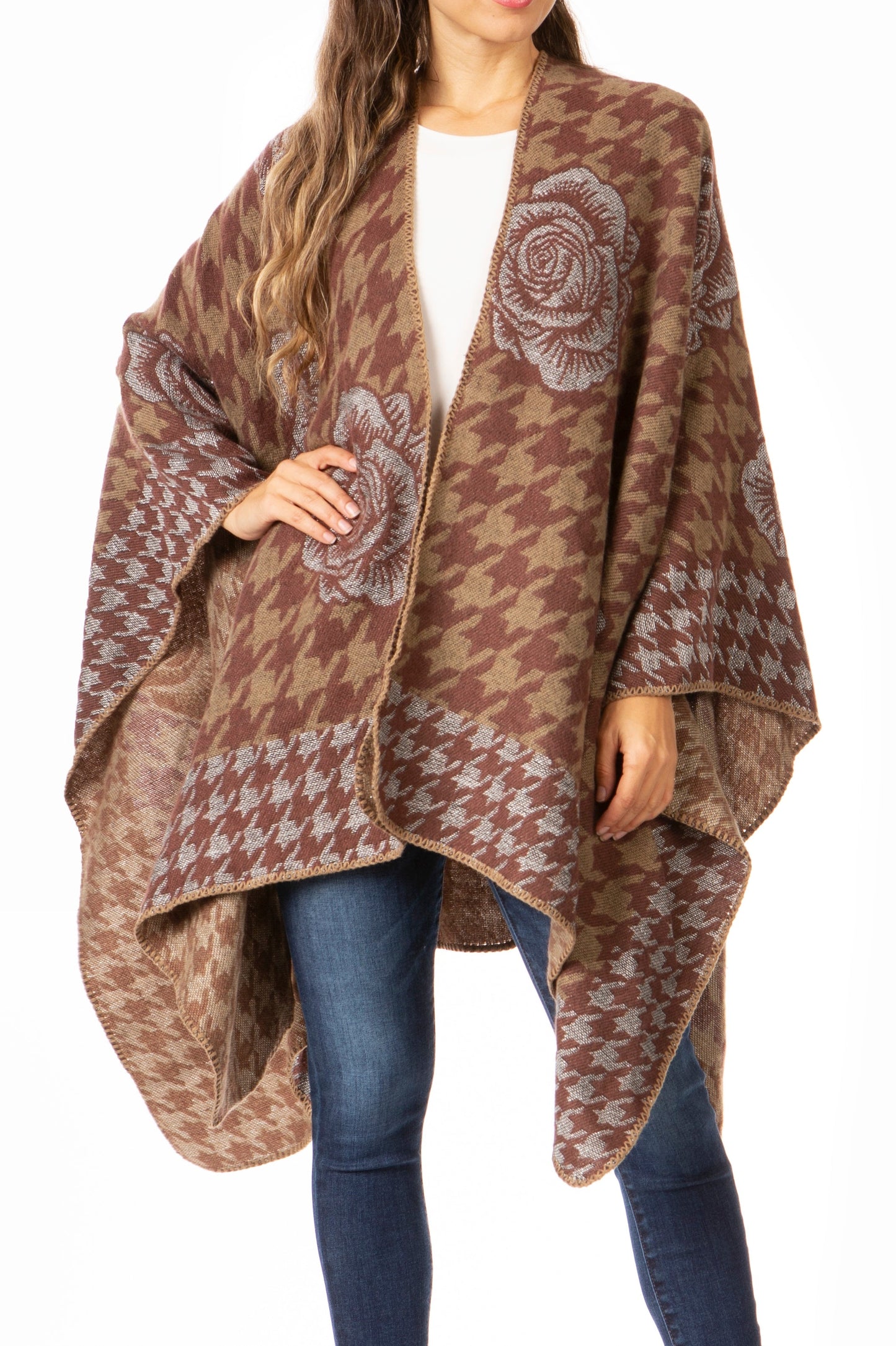 Sakkas Lupe Womens Reversible Poncho Wrap Cape Shawl Sweater Coat Cardigan Pattern - Concordia Style Boutique