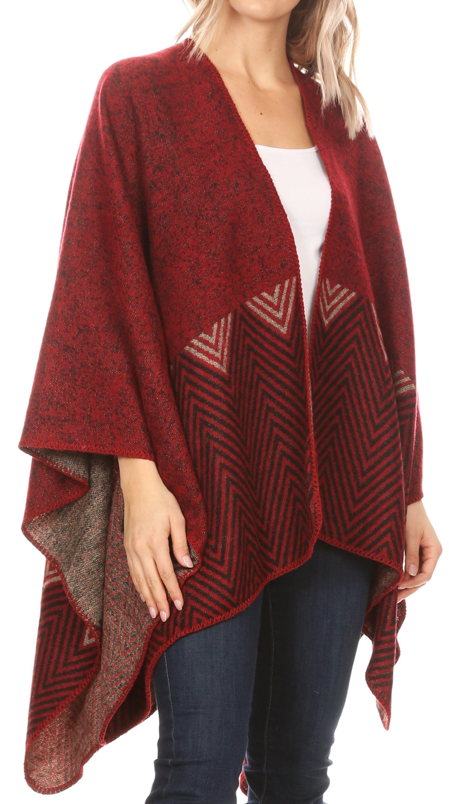 Sakkas Lupe Womens Reversible Poncho Wrap Cape Shawl Sweater Coat Cardigan Pattern - Concordia Style Boutique