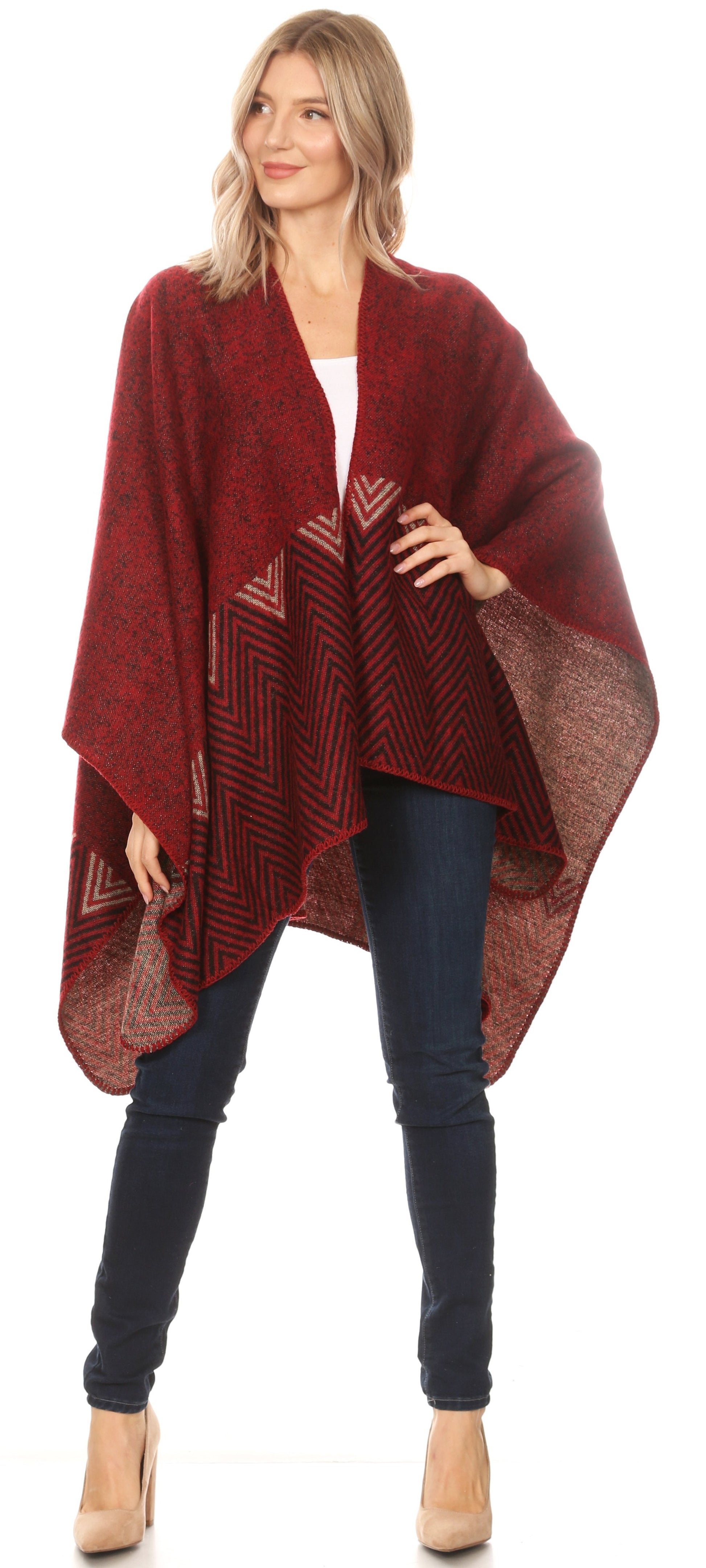 Sakkas Lupe Womens Reversible Poncho Wrap Cape Shawl Sweater Coat Cardigan Pattern - Concordia Style Boutique