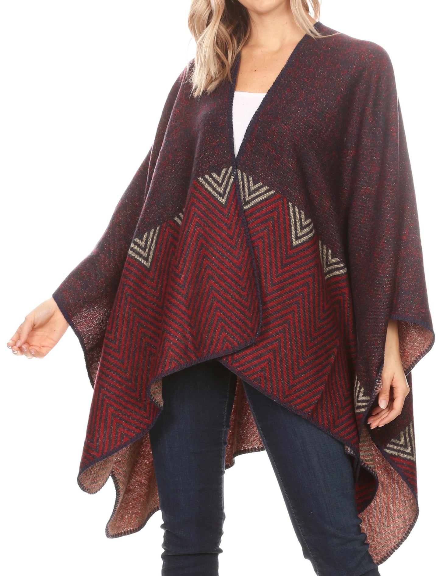 Sakkas Lupe Womens Reversible Poncho Wrap Cape Shawl Sweater Coat Cardigan Pattern - Concordia Style Boutique