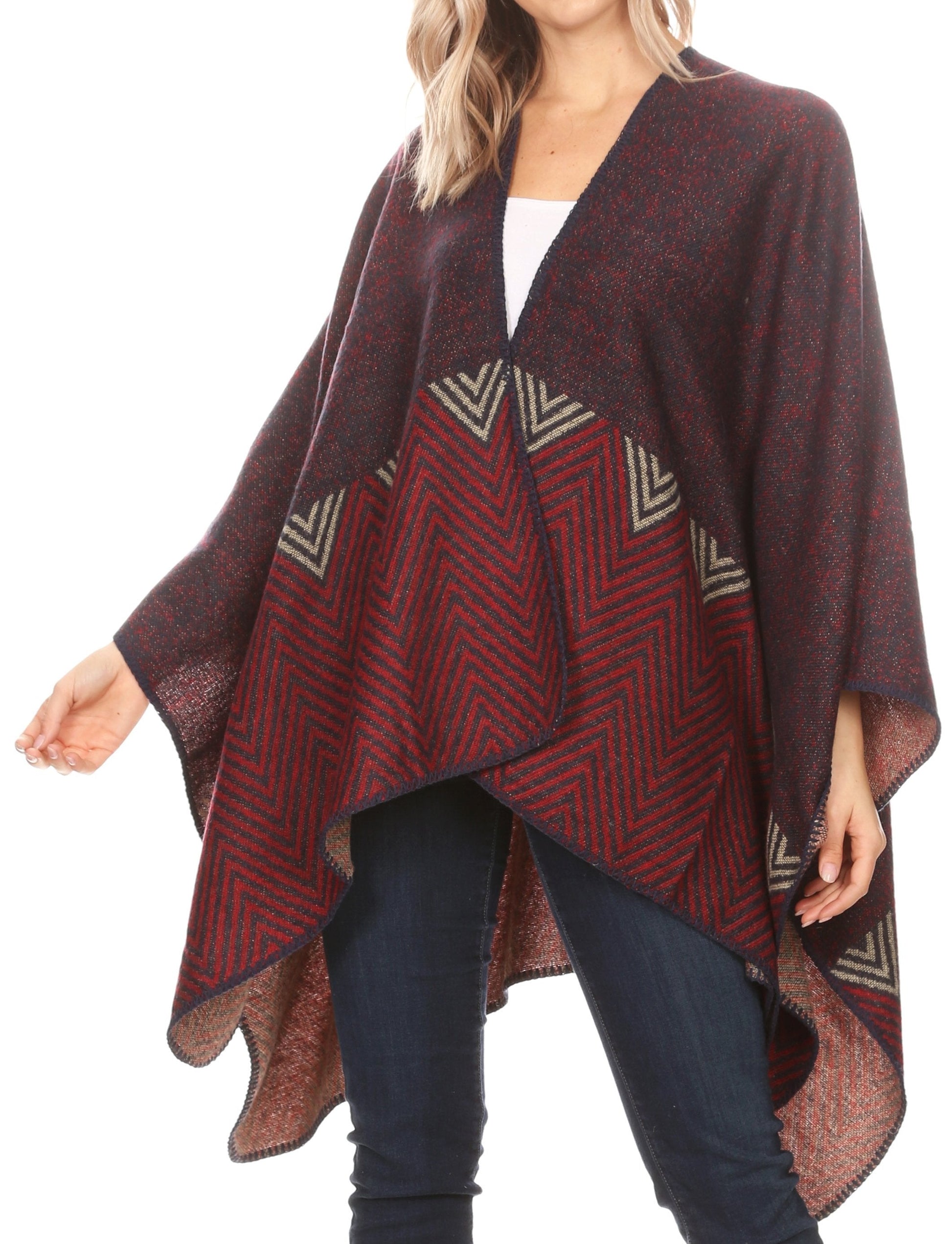 Sakkas Lupe Womens Reversible Poncho Wrap Cape Shawl Sweater Coat Cardigan Pattern - Concordia Style Boutique