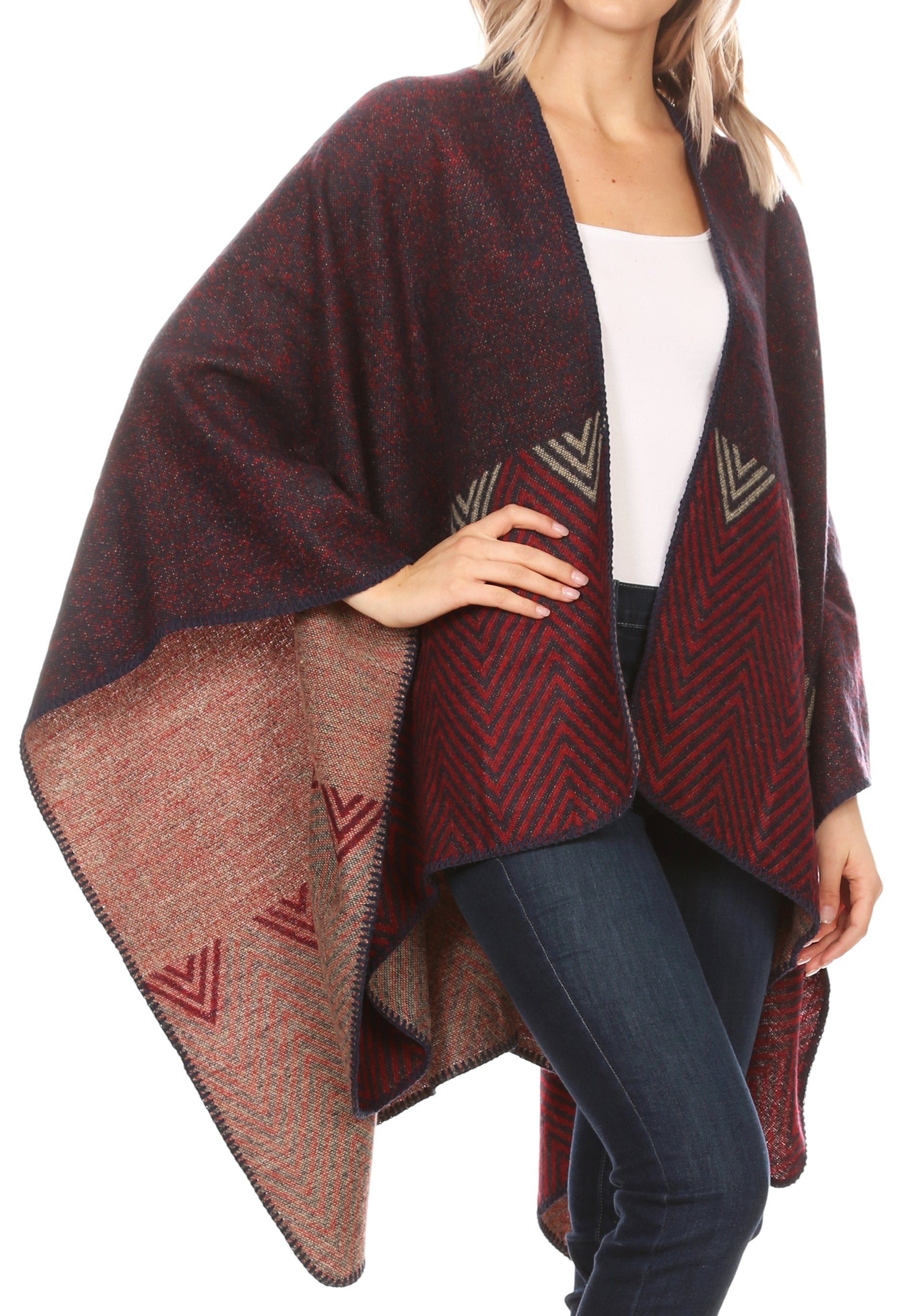 Sakkas Lupe Womens Reversible Poncho Wrap Cape Shawl Sweater Coat Cardigan Pattern - Concordia Style Boutique