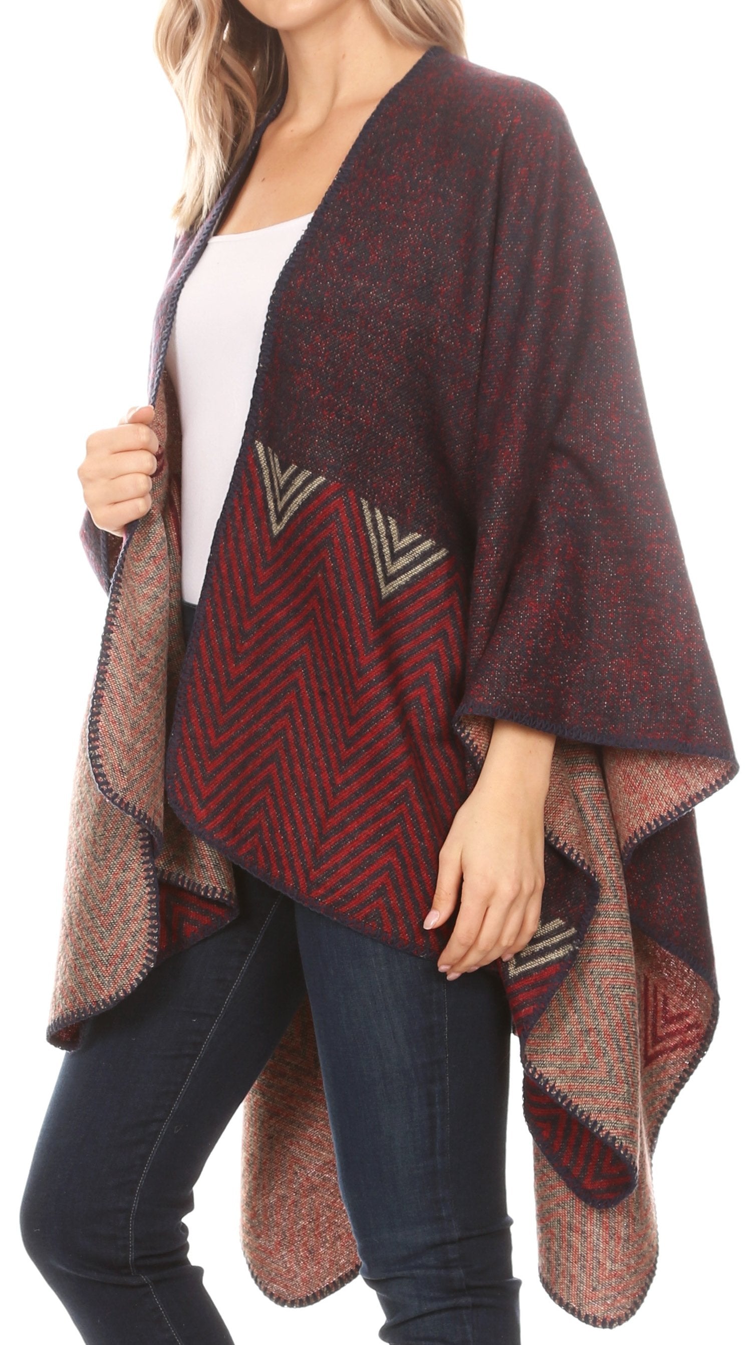 Sakkas Lupe Womens Reversible Poncho Wrap Cape Shawl Sweater Coat Cardigan Pattern - Concordia Style Boutique