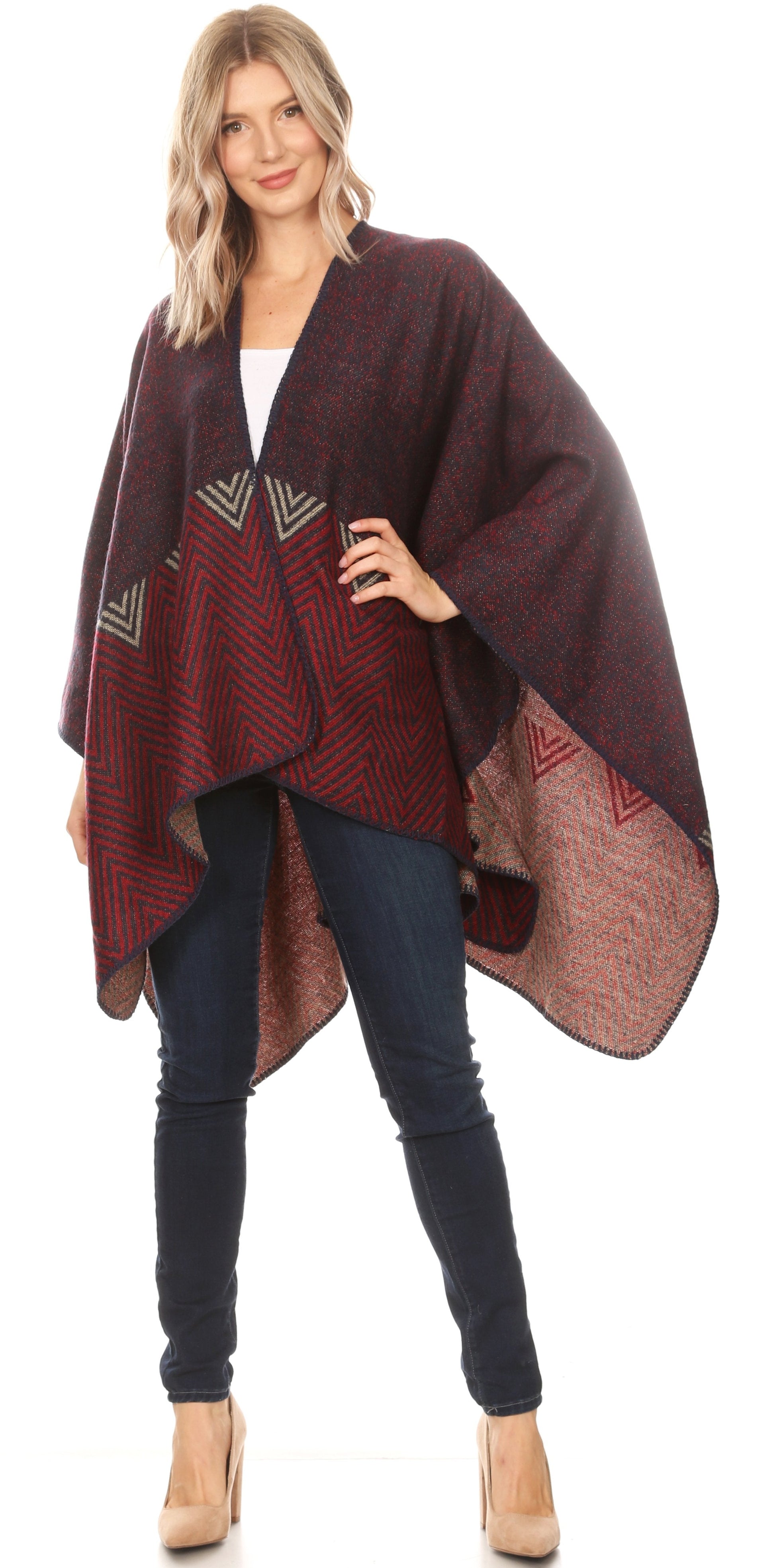 Sakkas Lupe Womens Reversible Poncho Wrap Cape Shawl Sweater Coat Cardigan Pattern - Concordia Style Boutique