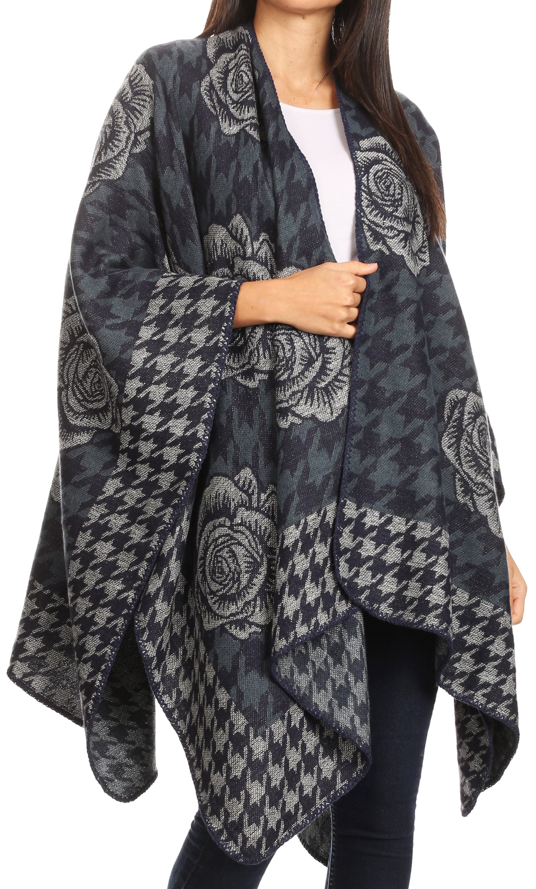 Sakkas Lupe Womens Reversible Poncho Wrap Cape Shawl Sweater Coat Cardigan Pattern - Concordia Style Boutique