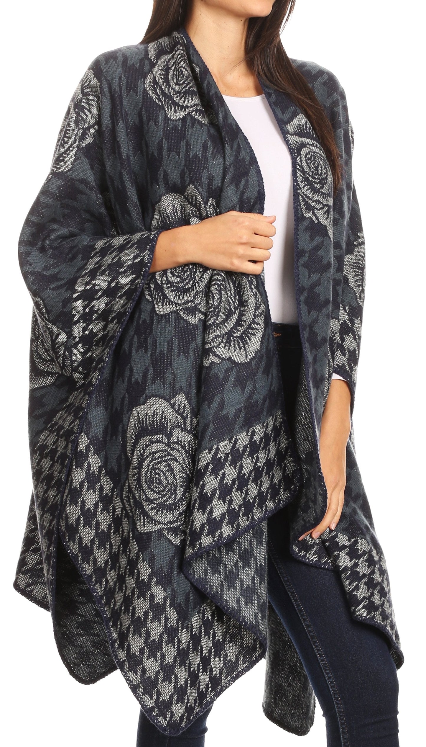 Sakkas Lupe Womens Reversible Poncho Wrap Cape Shawl Sweater Coat Cardigan Pattern - Concordia Style Boutique