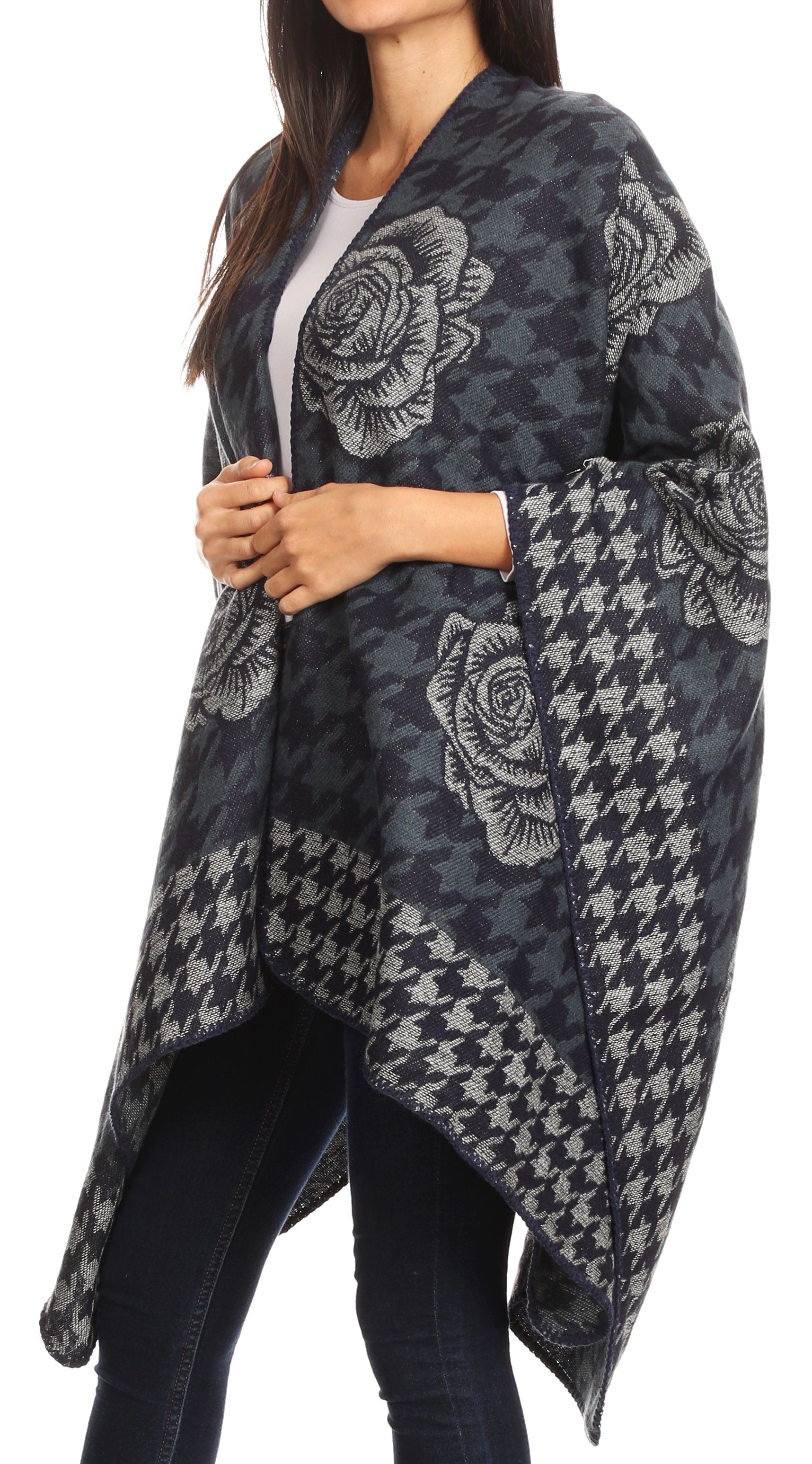 Sakkas Lupe Womens Reversible Poncho Wrap Cape Shawl Sweater Coat Cardigan Pattern - Concordia Style Boutique