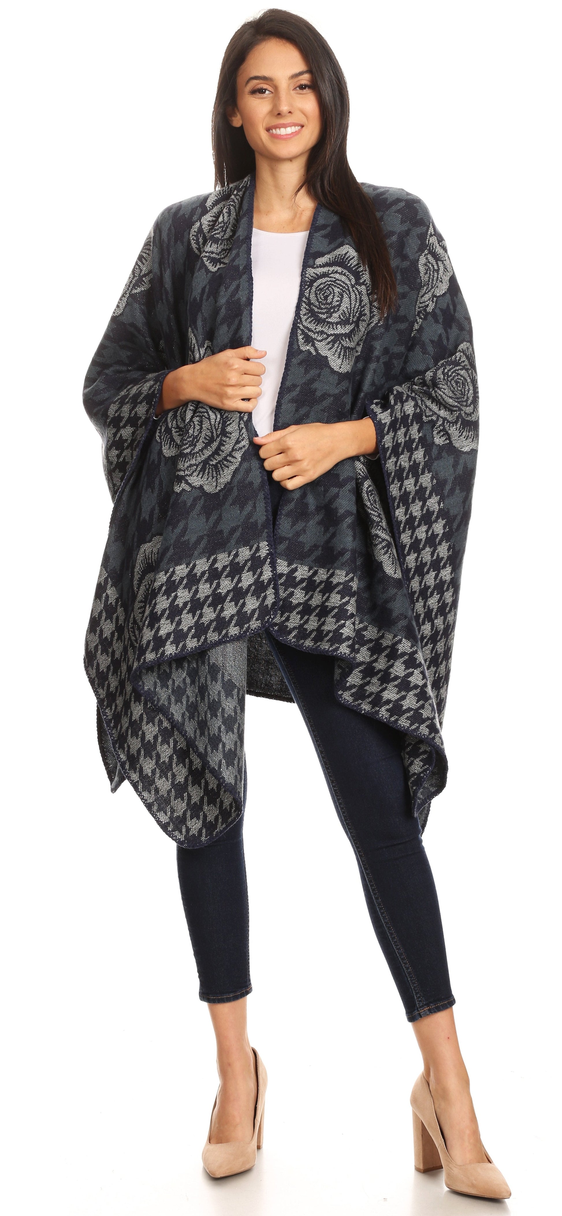 Sakkas Lupe Womens Reversible Poncho Wrap Cape Shawl Sweater Coat Cardigan Pattern - Concordia Style Boutique