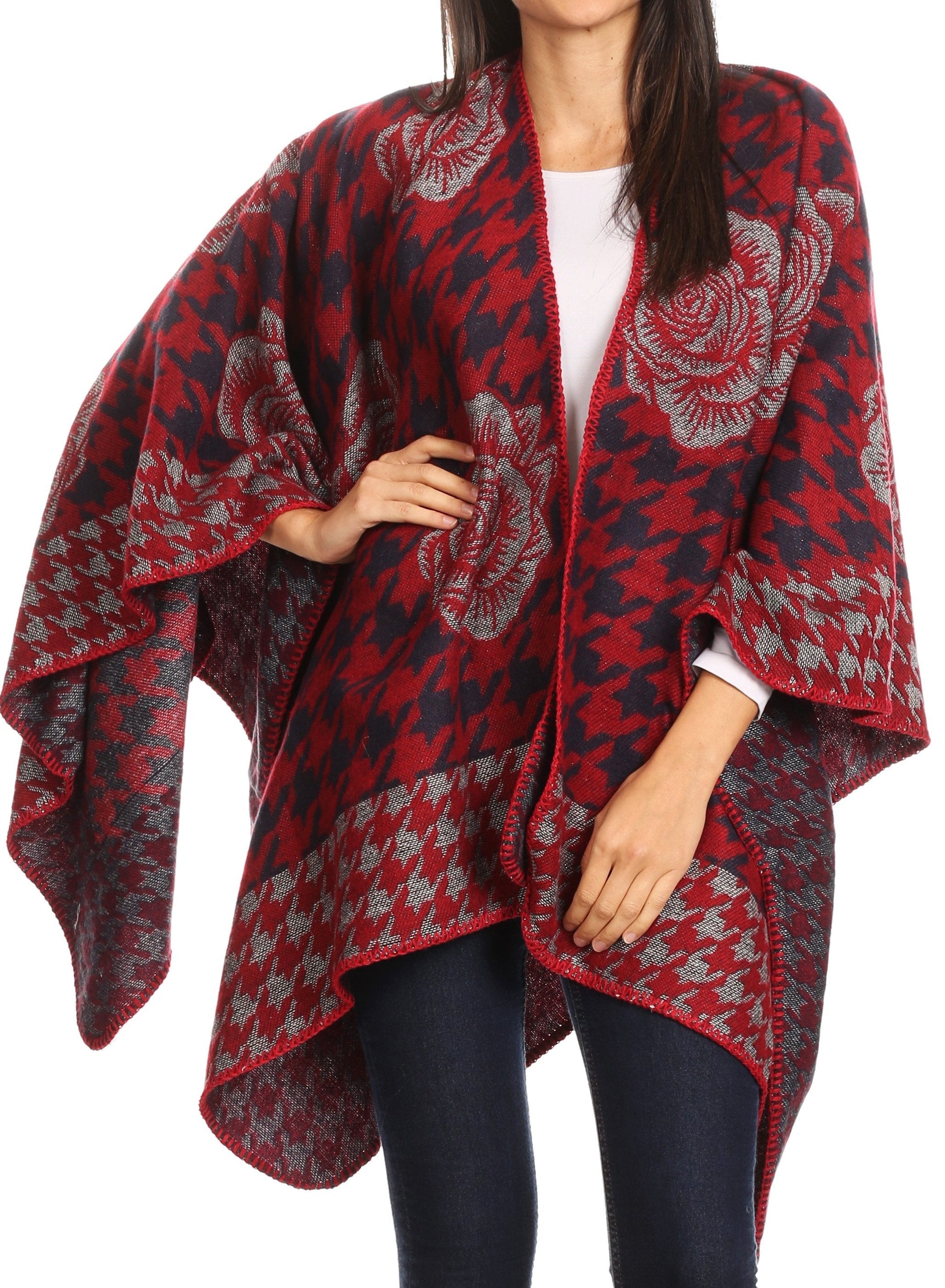 Sakkas Lupe Womens Reversible Poncho Wrap Cape Shawl Sweater Coat Cardigan Pattern - Concordia Style Boutique
