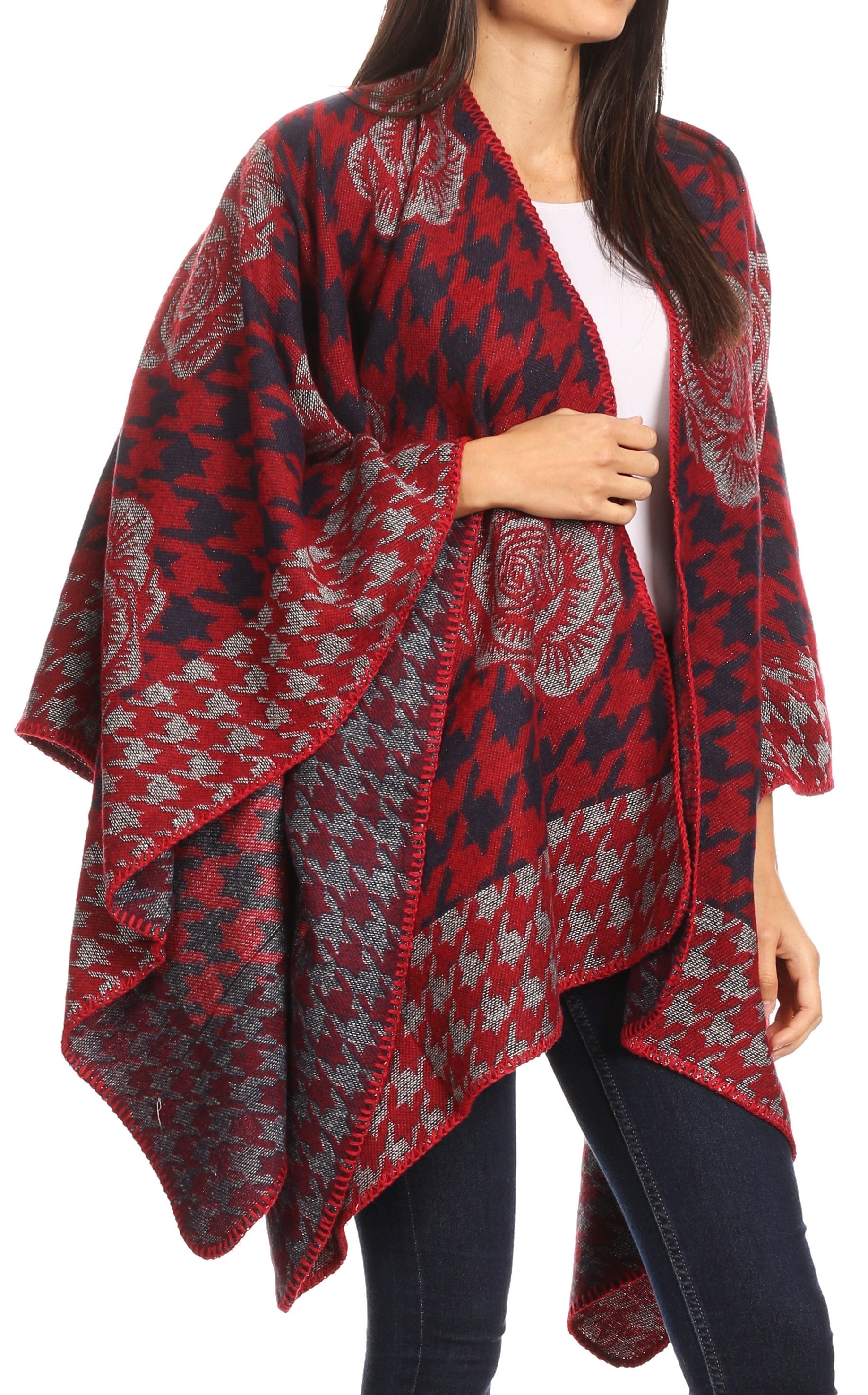 Sakkas Lupe Womens Reversible Poncho Wrap Cape Shawl Sweater Coat Cardigan Pattern - Concordia Style Boutique