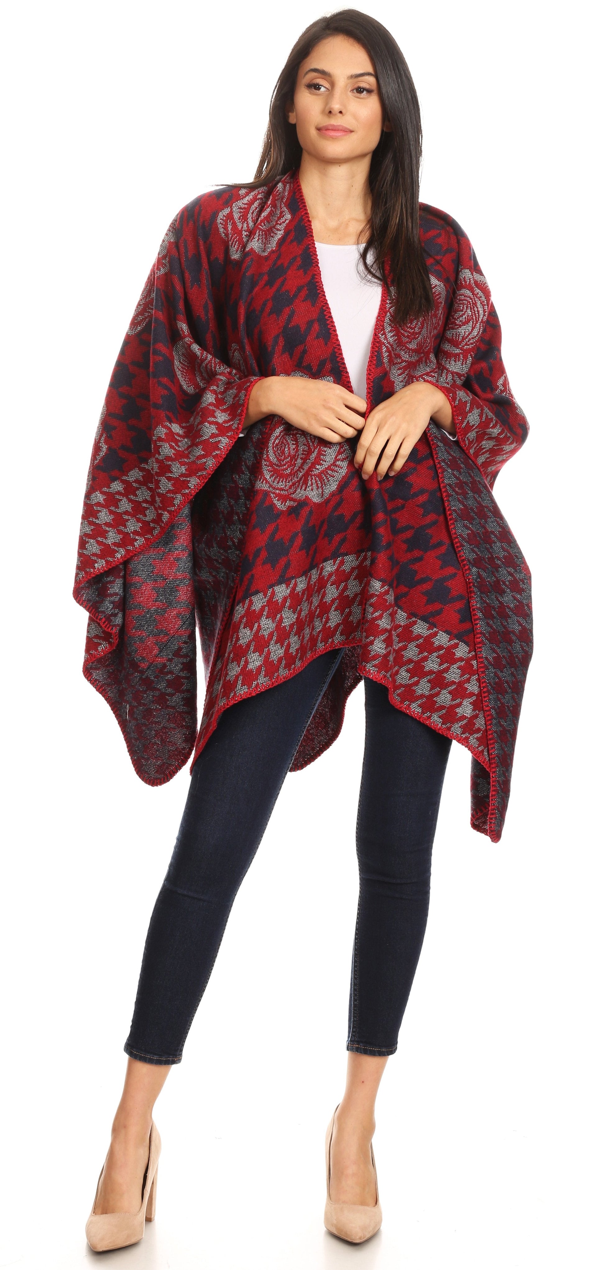 Sakkas Lupe Womens Reversible Poncho Wrap Cape Shawl Sweater Coat Cardigan Pattern - Concordia Style Boutique