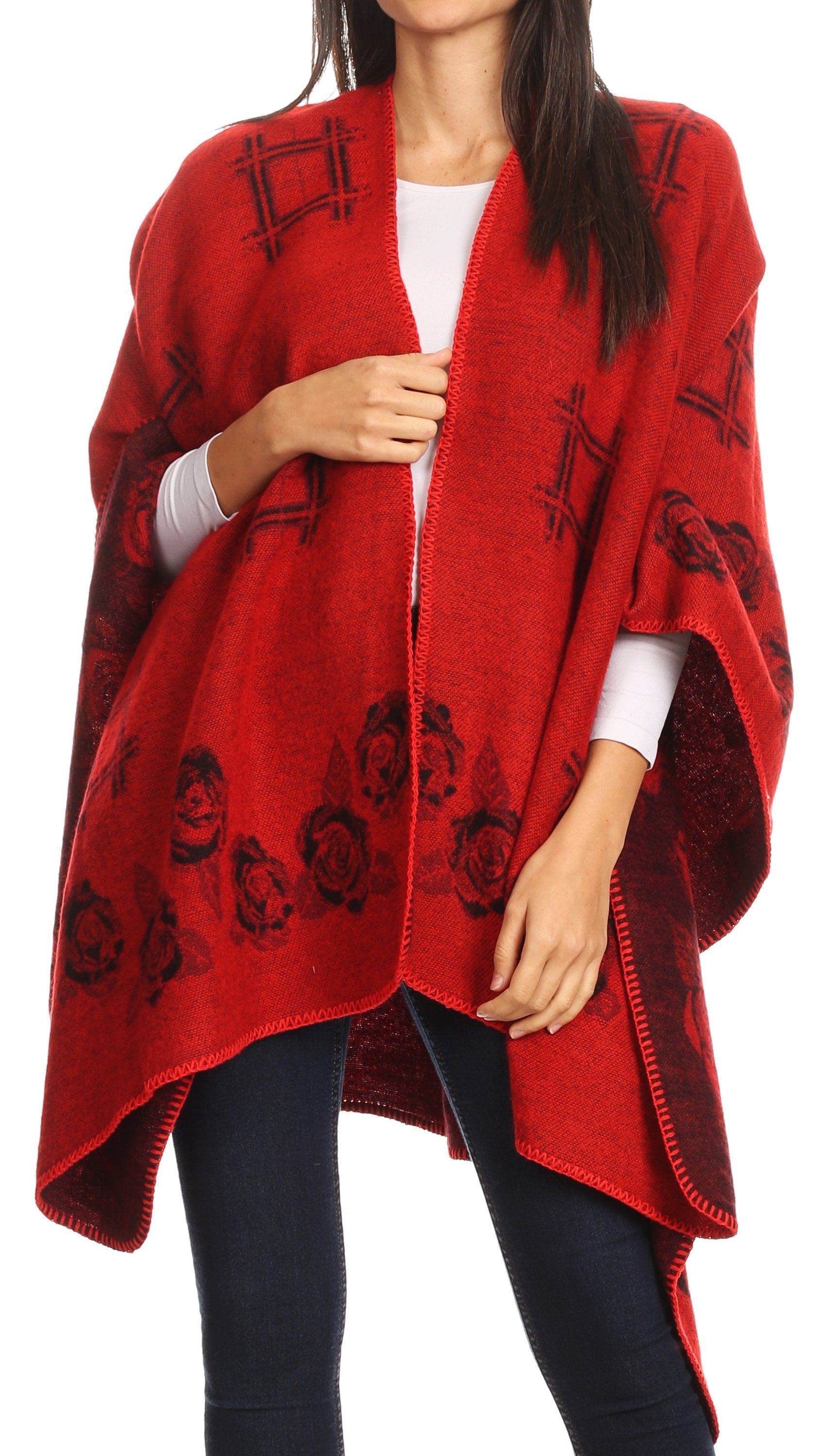 Sakkas Lupe Womens Reversible Poncho Wrap Cape Shawl Sweater Coat Cardigan Pattern - Concordia Style Boutique