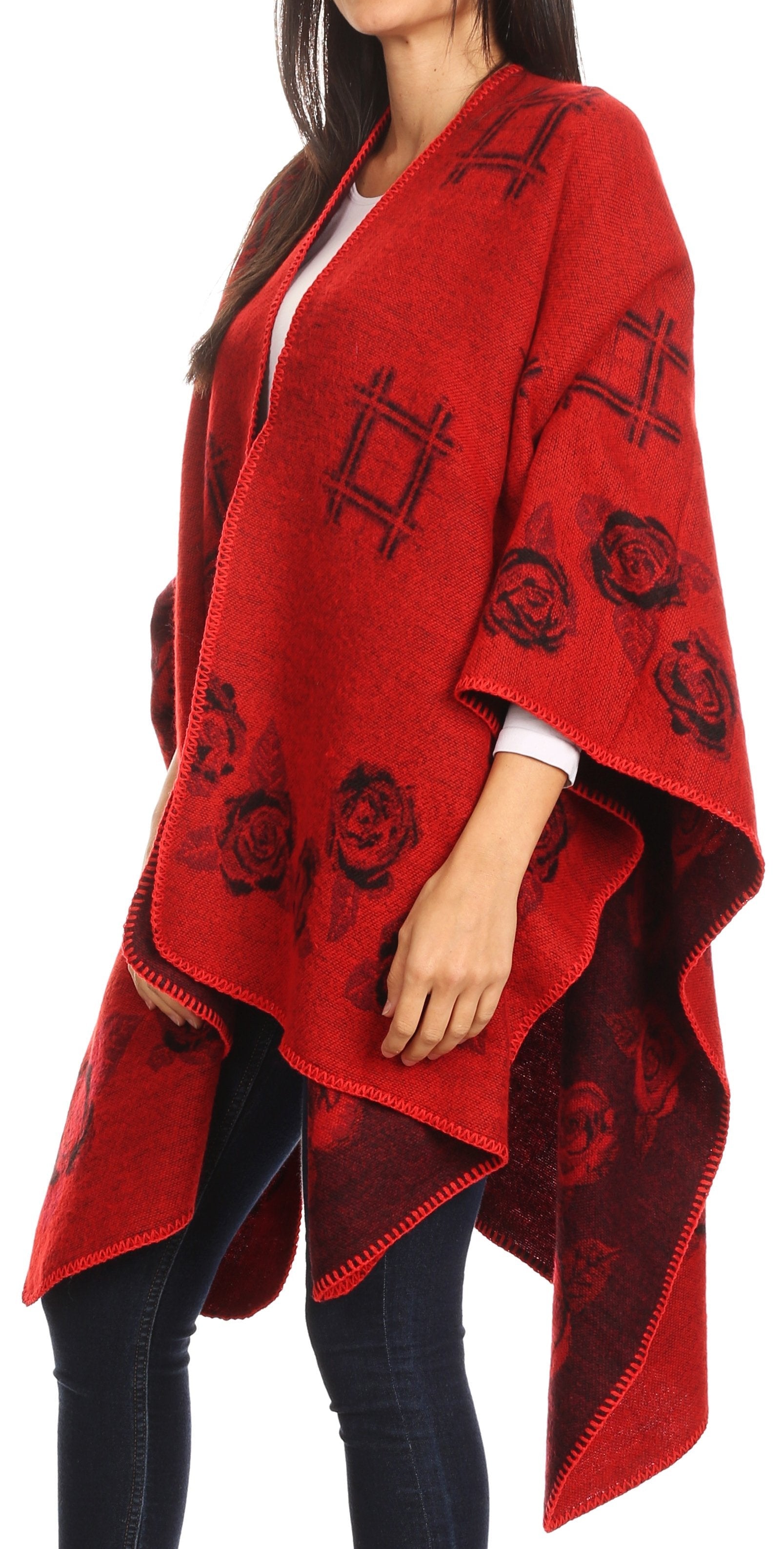 Sakkas Lupe Womens Reversible Poncho Wrap Cape Shawl Sweater Coat Cardigan Pattern - Concordia Style Boutique