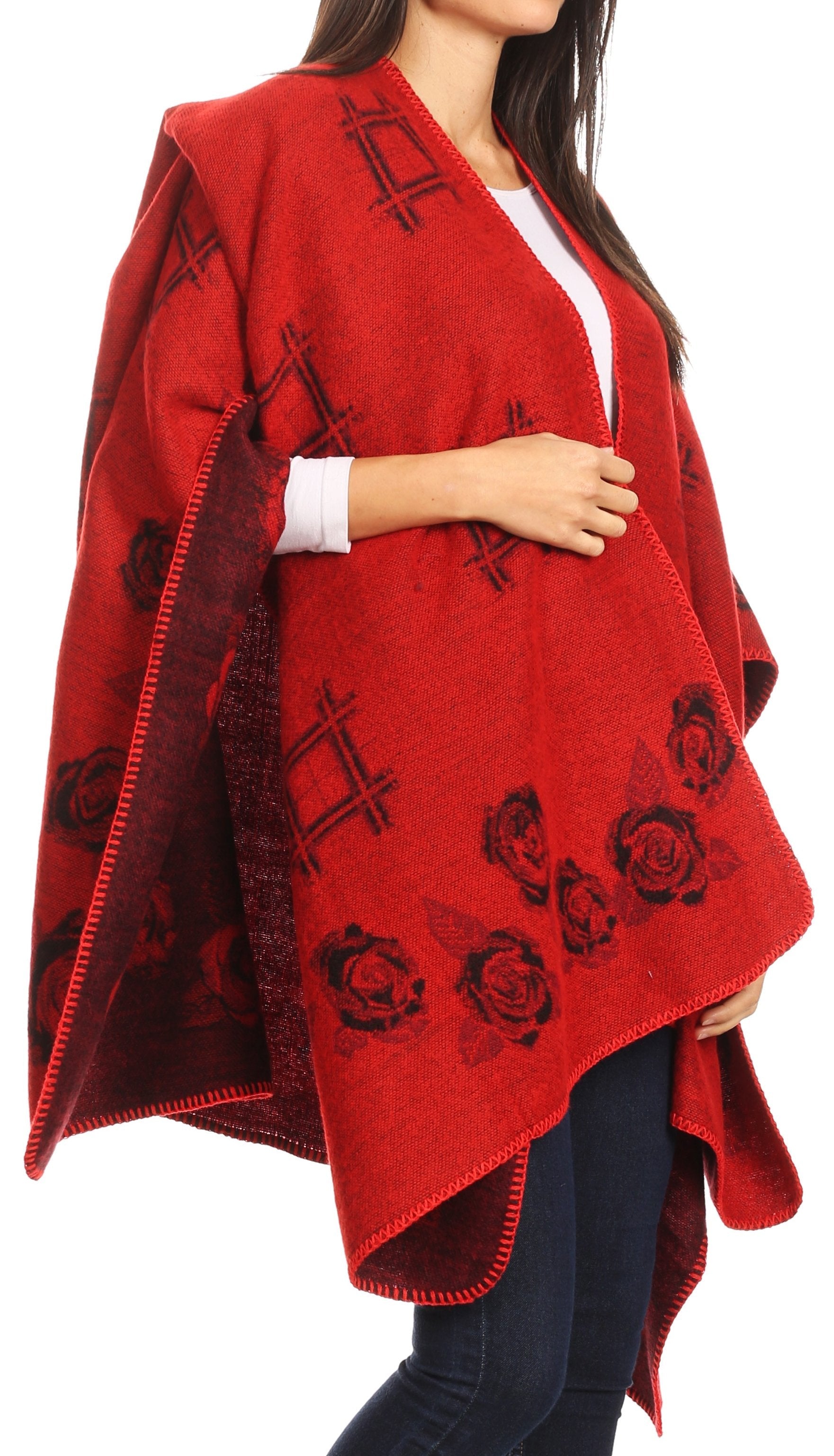 Sakkas Lupe Womens Reversible Poncho Wrap Cape Shawl Sweater Coat Cardigan Pattern - Concordia Style Boutique
