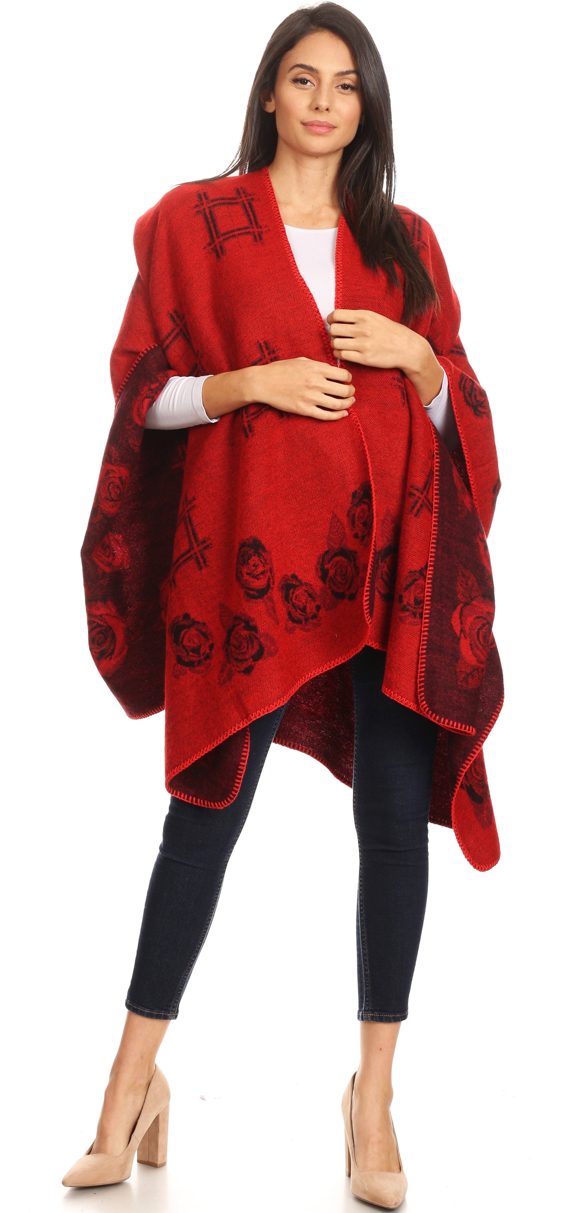 Sakkas Lupe Womens Reversible Poncho Wrap Cape Shawl Sweater Coat Cardigan Pattern - Concordia Style Boutique