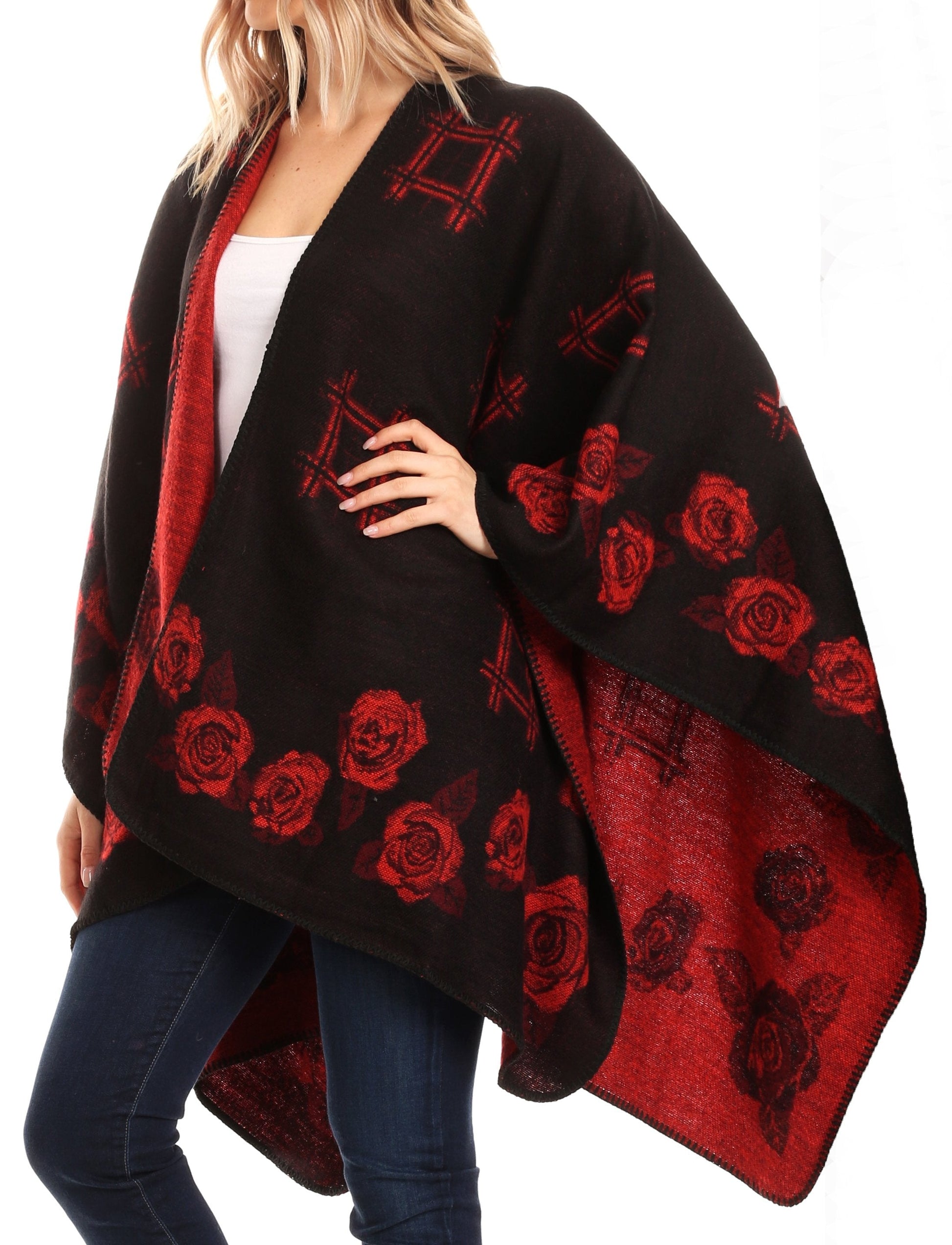 Sakkas Lupe Womens Reversible Poncho Wrap Cape Shawl Sweater Coat Cardigan Pattern - Concordia Style Boutique