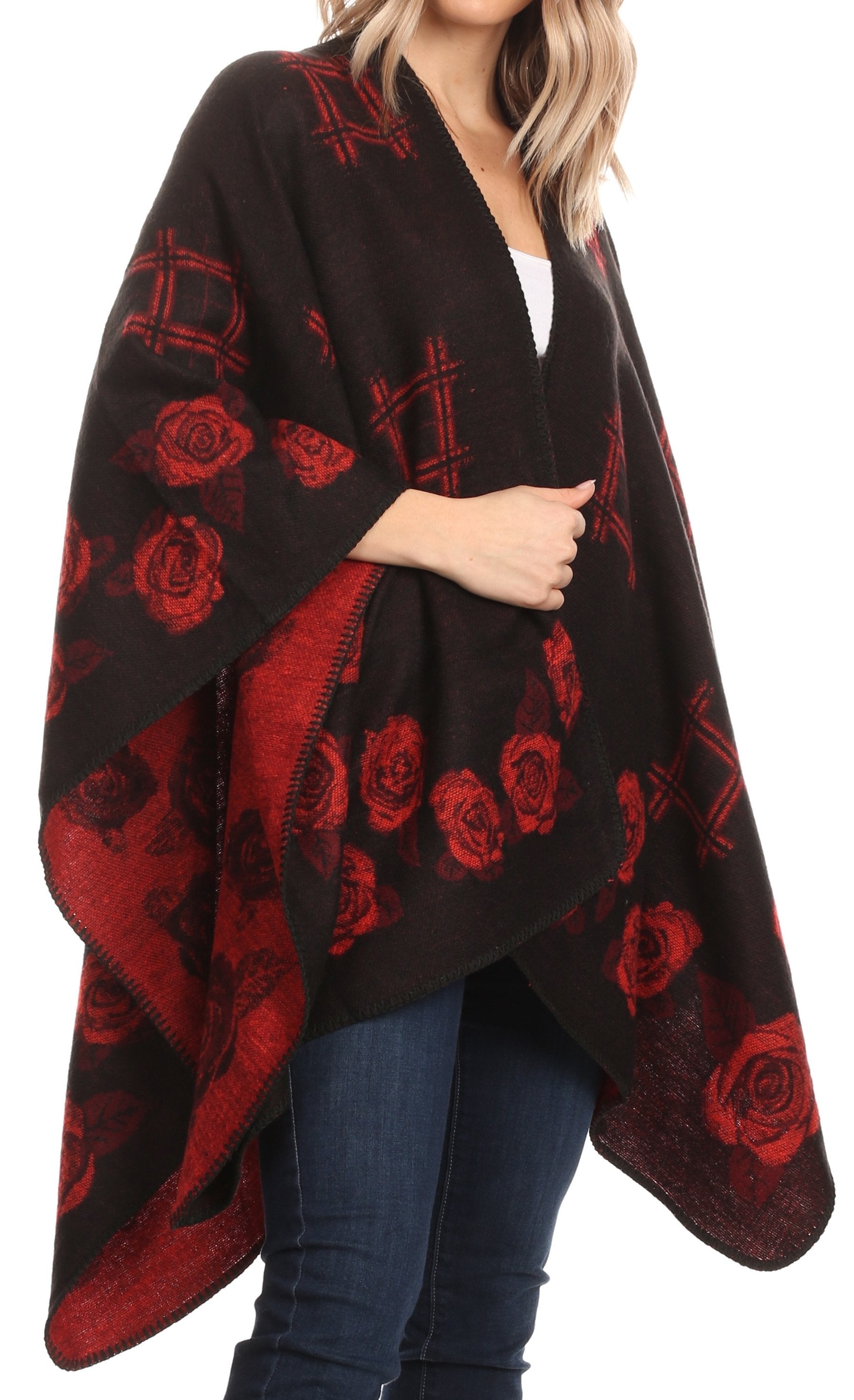 Sakkas Lupe Womens Reversible Poncho Wrap Cape Shawl Sweater Coat Cardigan Pattern - Concordia Style Boutique