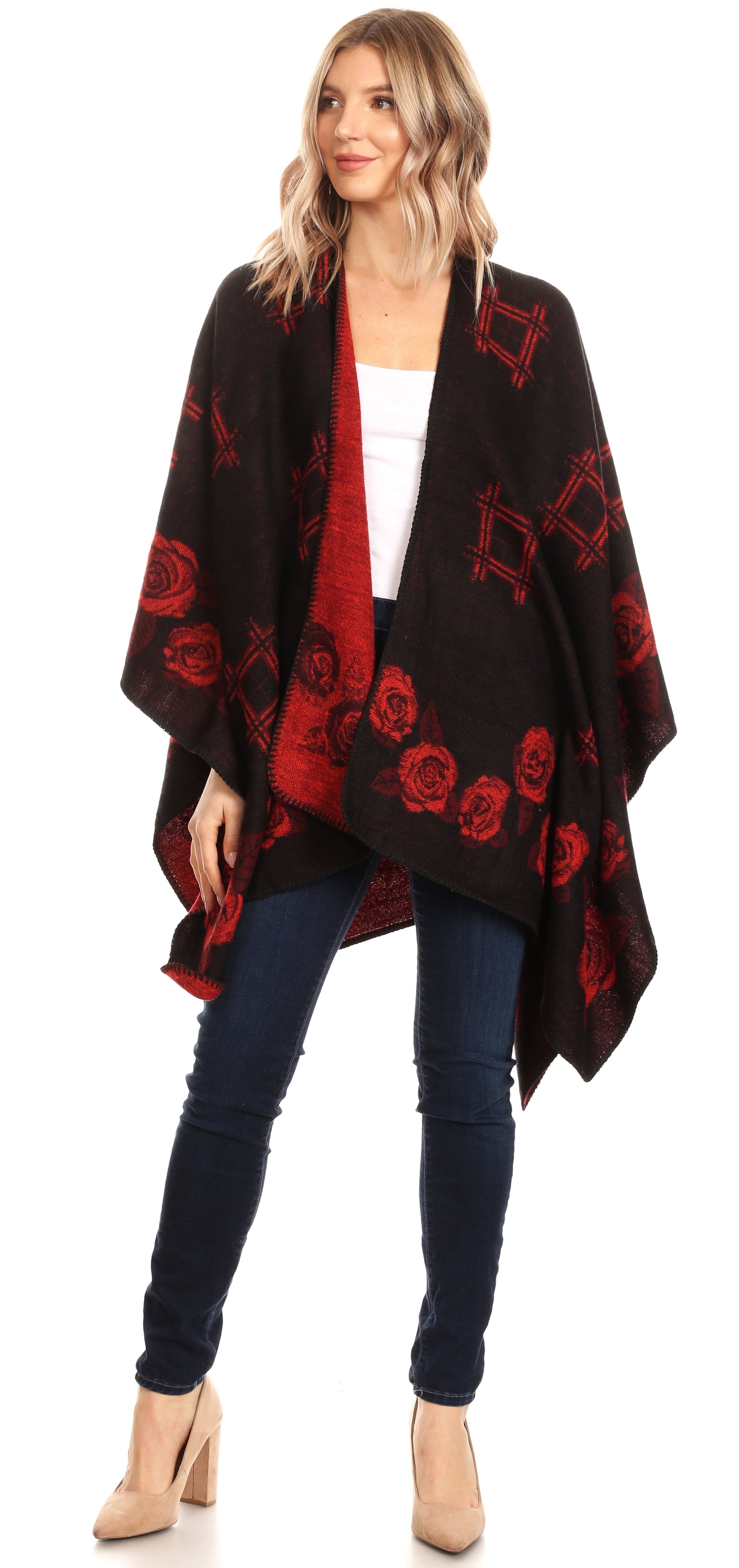 Sakkas Lupe Womens Reversible Poncho Wrap Cape Shawl Sweater Coat Cardigan Pattern - Concordia Style Boutique