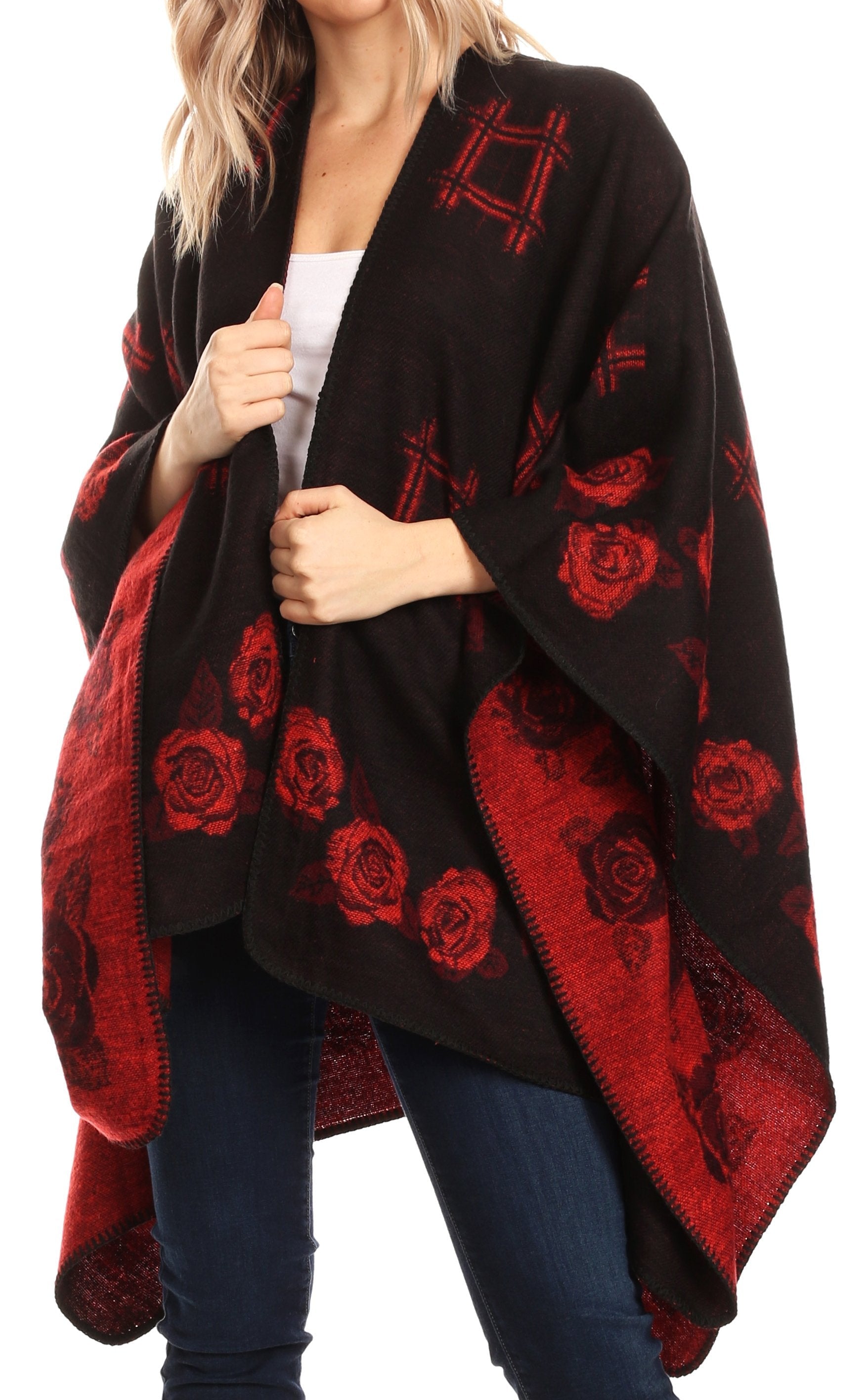 Sakkas Lupe Womens Reversible Poncho Wrap Cape Shawl Sweater Coat Cardigan Pattern - Concordia Style Boutique