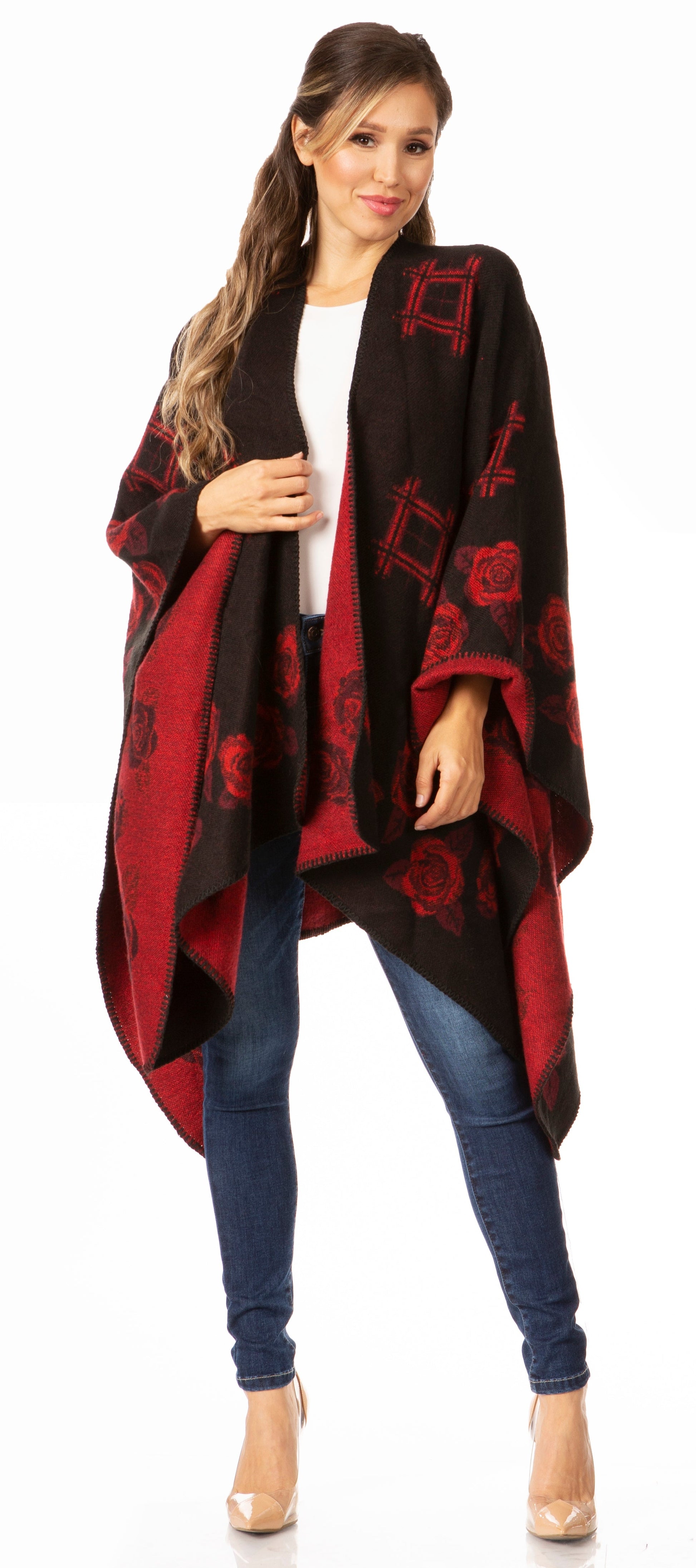 Sakkas Lupe Womens Reversible Poncho Wrap Cape Shawl Sweater Coat Cardigan Pattern - Concordia Style Boutique