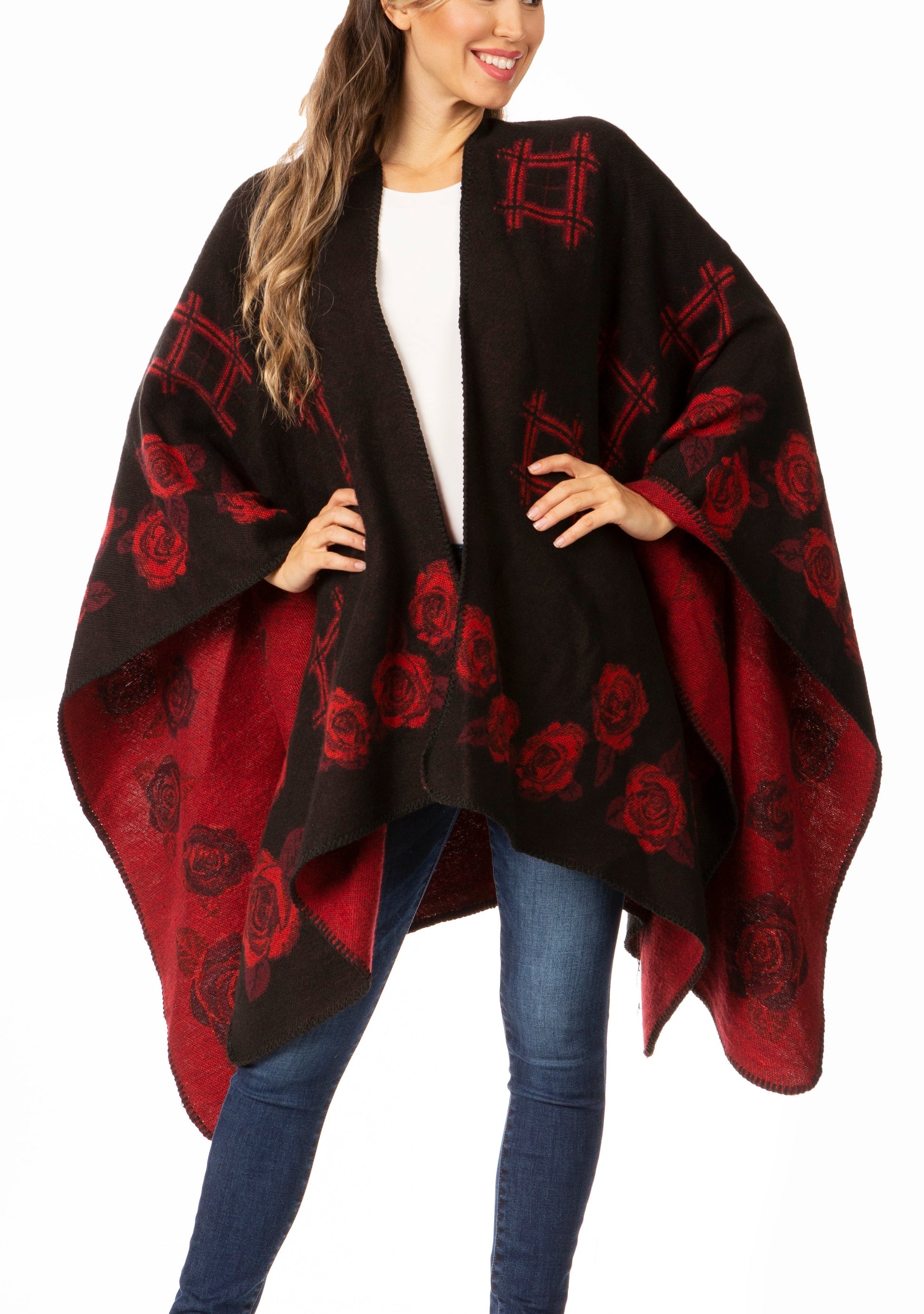 Sakkas Lupe Womens Reversible Poncho Wrap Cape Shawl Sweater Coat Cardigan Pattern - Concordia Style Boutique