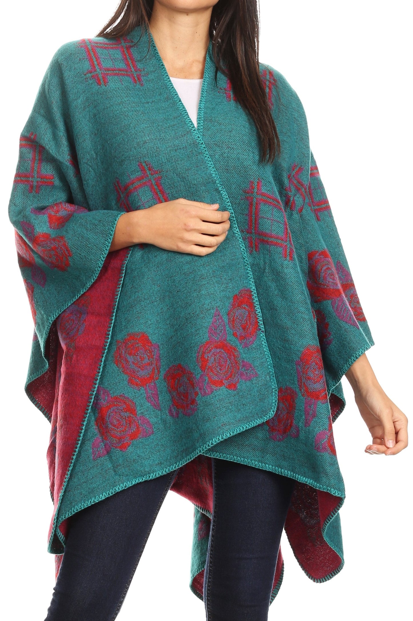 Sakkas Lupe Womens Reversible Poncho Wrap Cape Shawl Sweater Coat Cardigan Pattern - Concordia Style Boutique