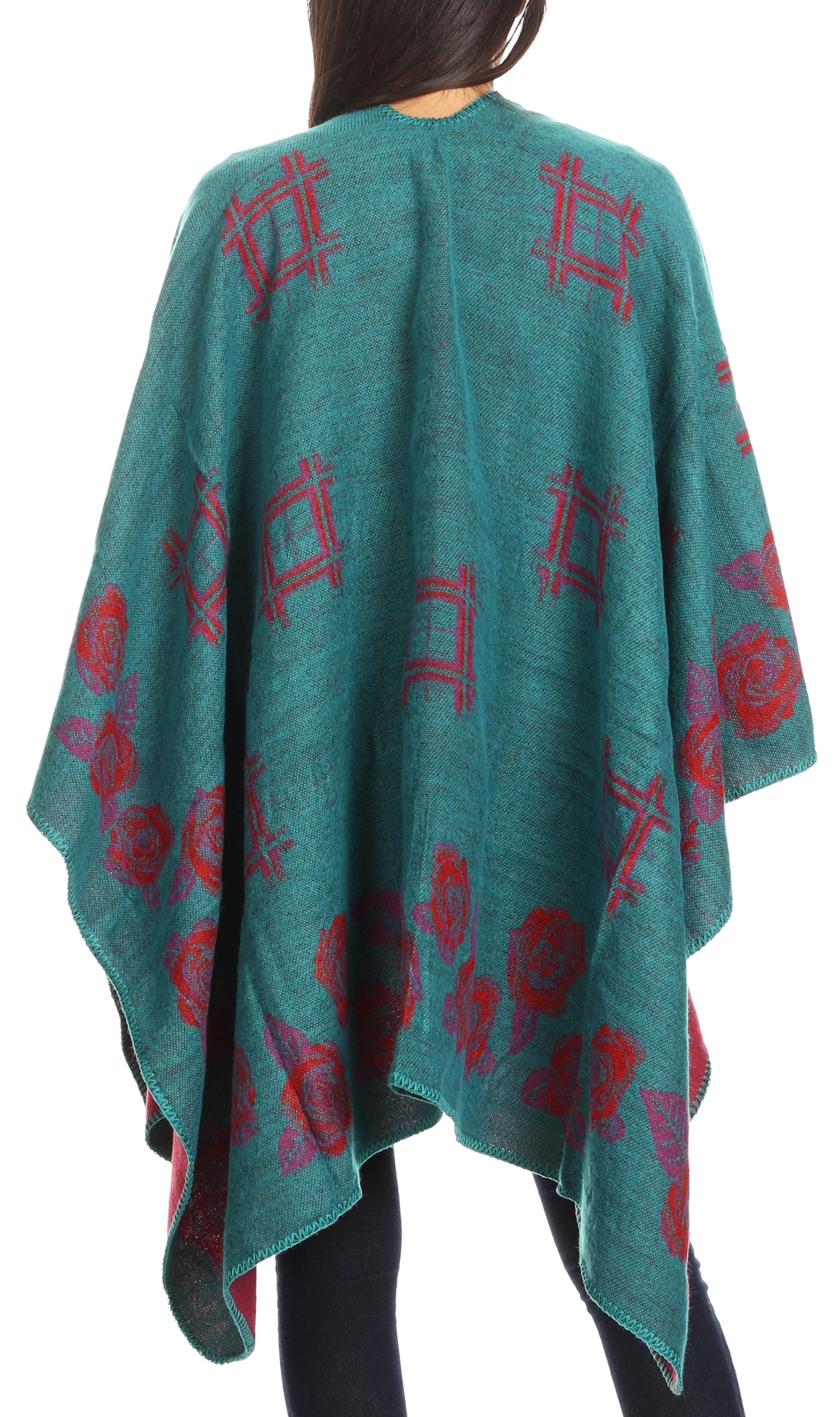Sakkas Lupe Womens Reversible Poncho Wrap Cape Shawl Sweater Coat Cardigan Pattern - Concordia Style Boutique