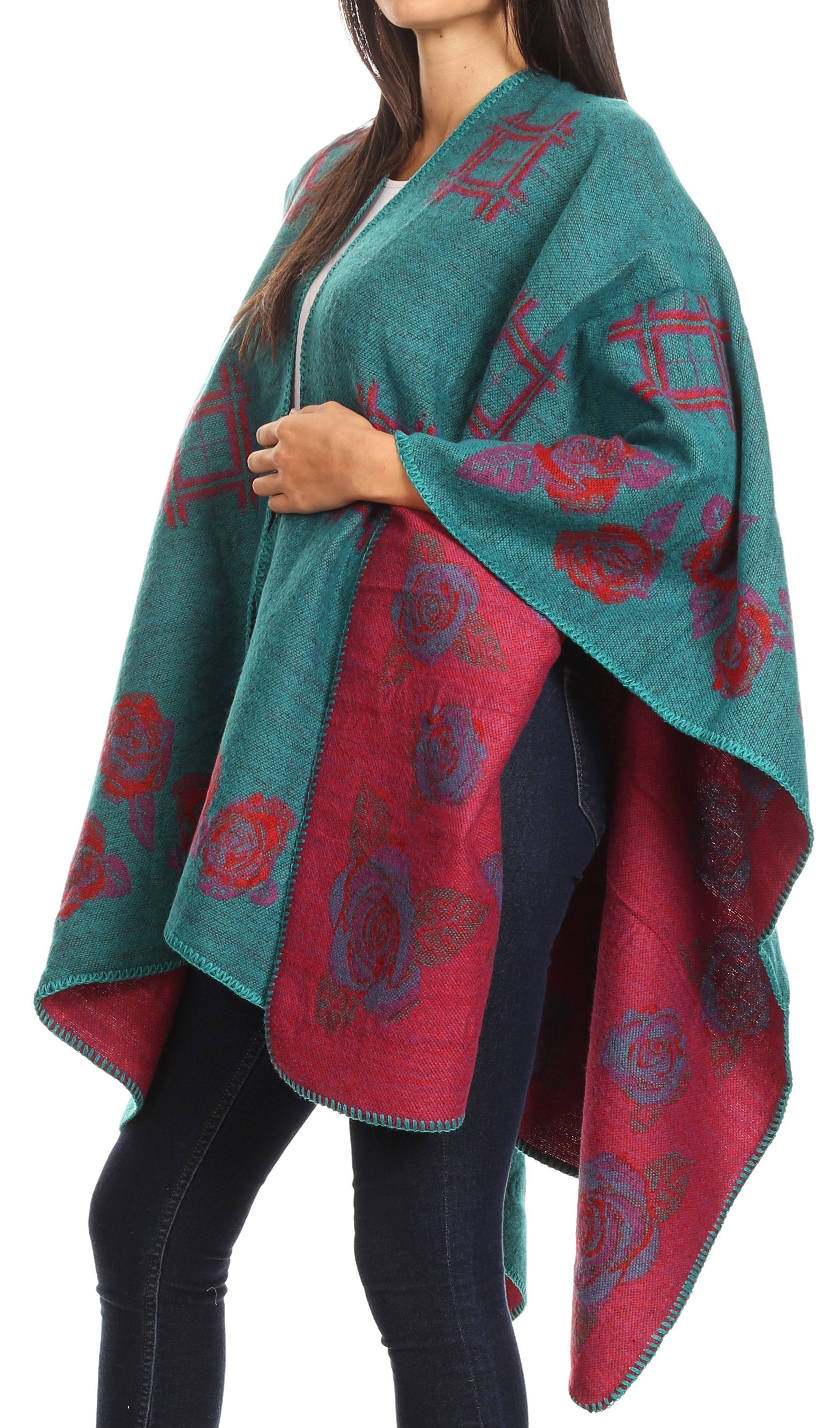 Sakkas Lupe Womens Reversible Poncho Wrap Cape Shawl Sweater Coat Cardigan Pattern - Concordia Style Boutique