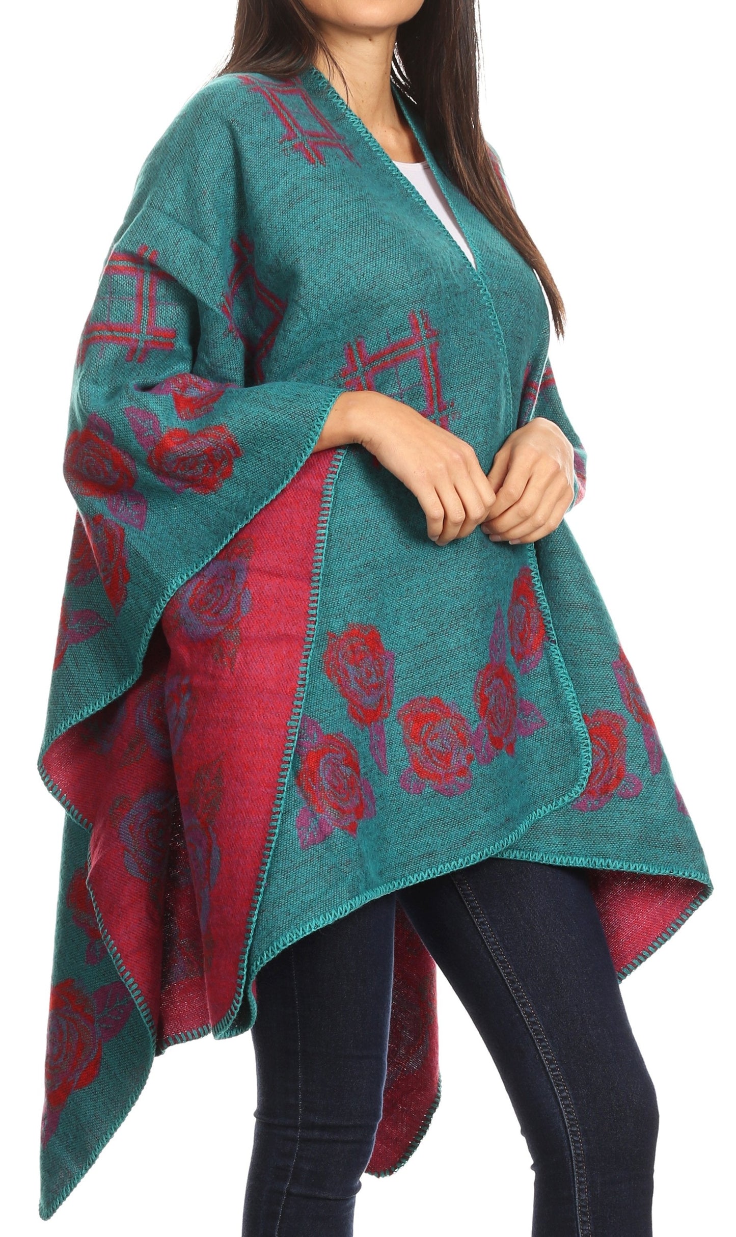 Sakkas Lupe Womens Reversible Poncho Wrap Cape Shawl Sweater Coat Cardigan Pattern - Concordia Style Boutique