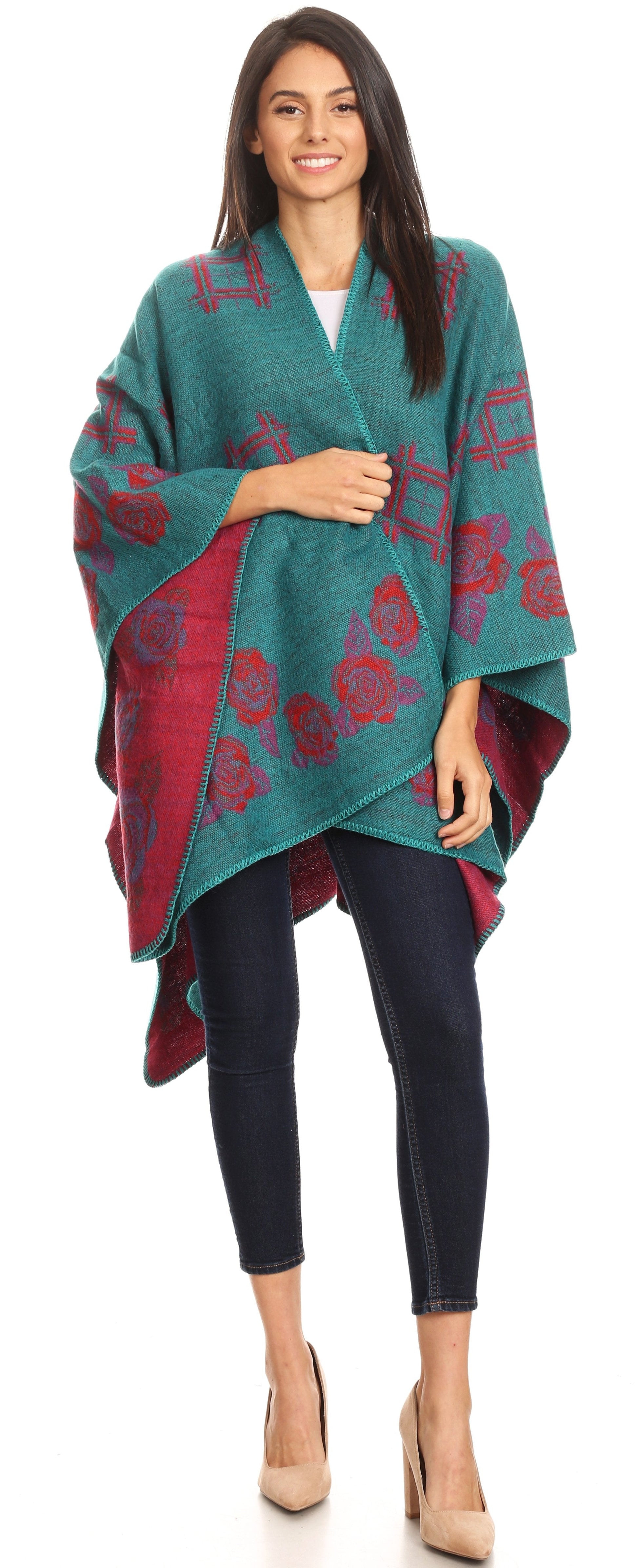 Sakkas Lupe Womens Reversible Poncho Wrap Cape Shawl Sweater Coat Cardigan Pattern - Concordia Style Boutique