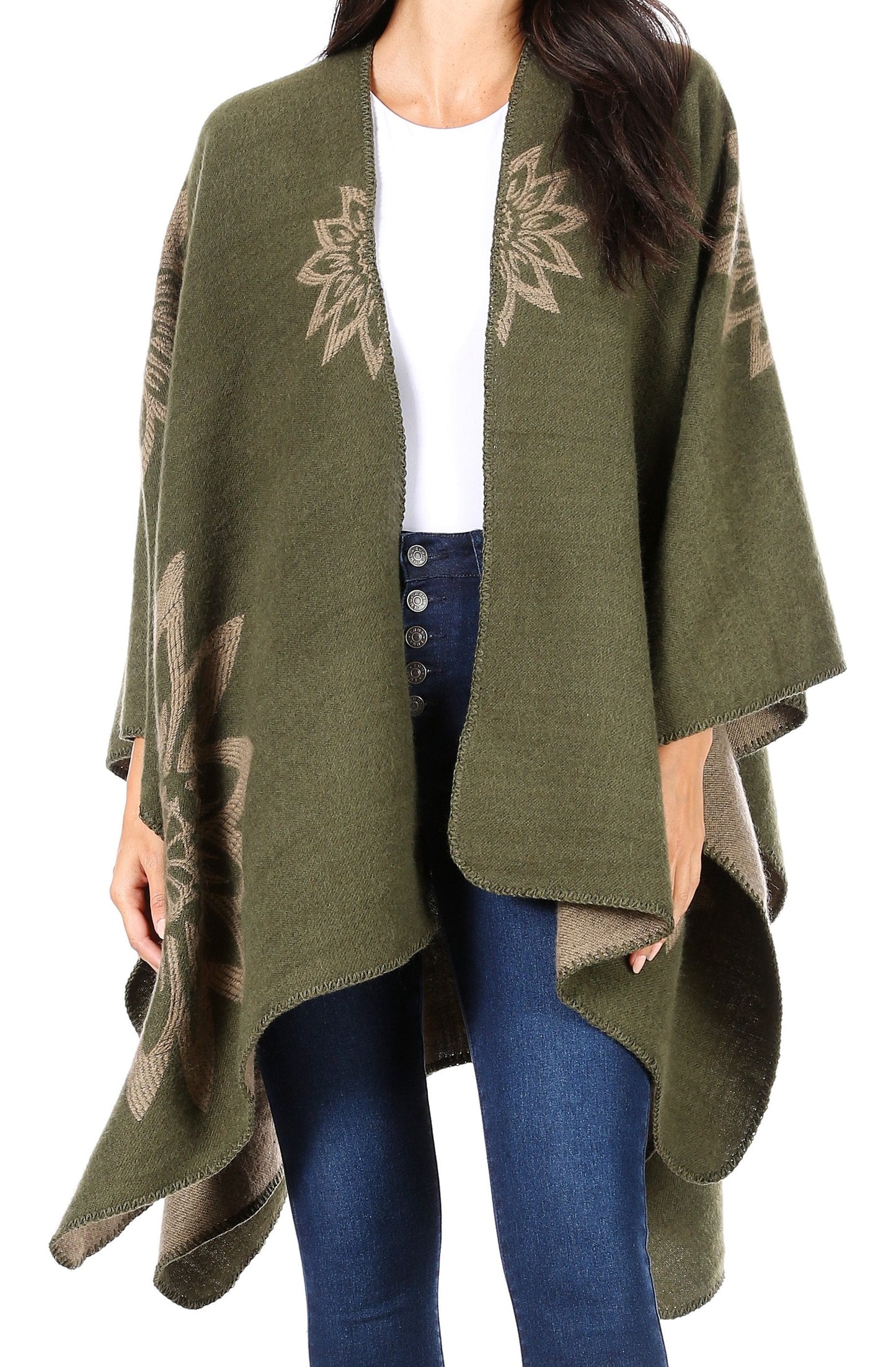 Sakkas Lupe Womens Reversible Poncho Wrap Cape Shawl Sweater Coat Cardigan Pattern - Concordia Style Boutique