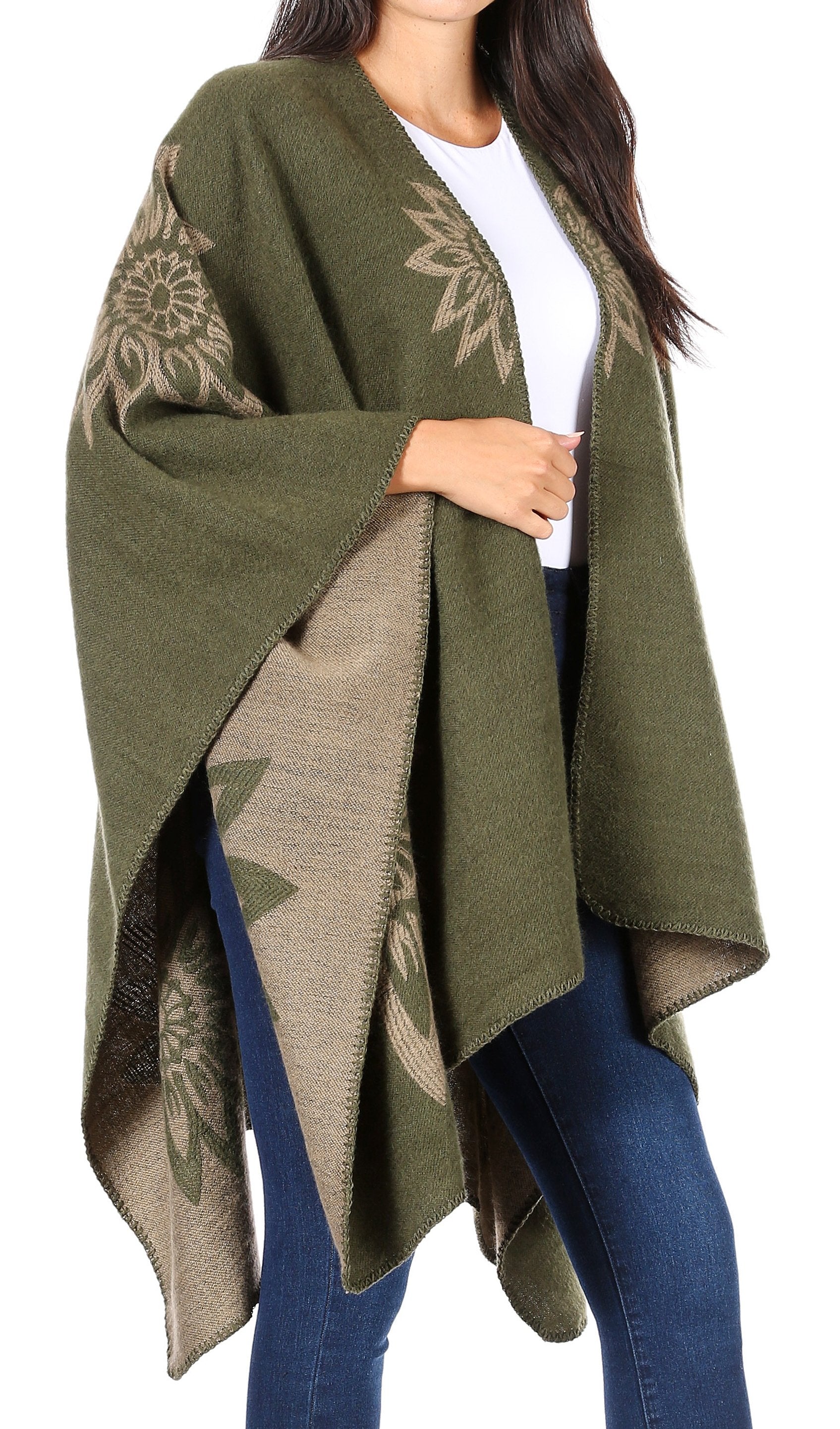Sakkas Lupe Womens Reversible Poncho Wrap Cape Shawl Sweater Coat Cardigan Pattern - Concordia Style Boutique
