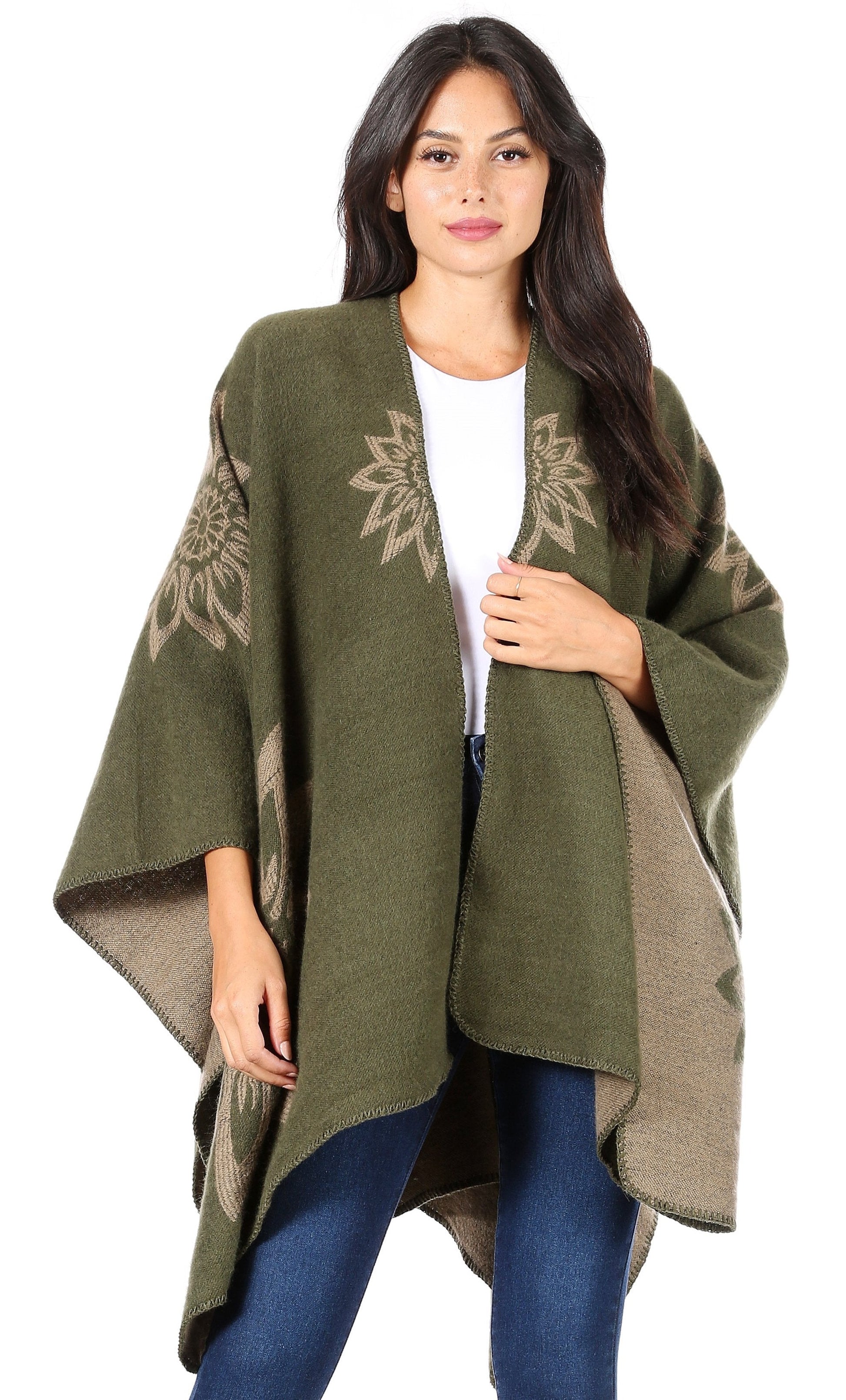 Sakkas Lupe Womens Reversible Poncho Wrap Cape Shawl Sweater Coat Cardigan Pattern - Concordia Style Boutique