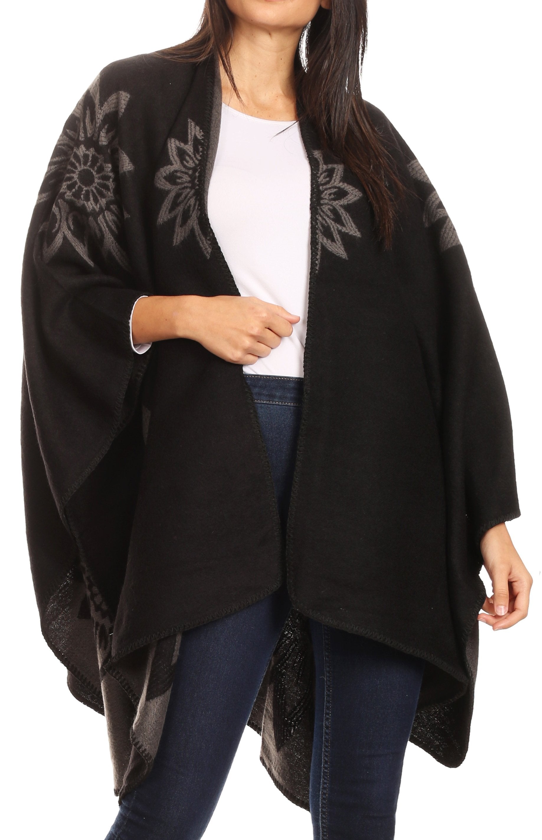Sakkas Lupe Womens Reversible Poncho Wrap Cape Shawl Sweater Coat Cardigan Pattern - Concordia Style Boutique