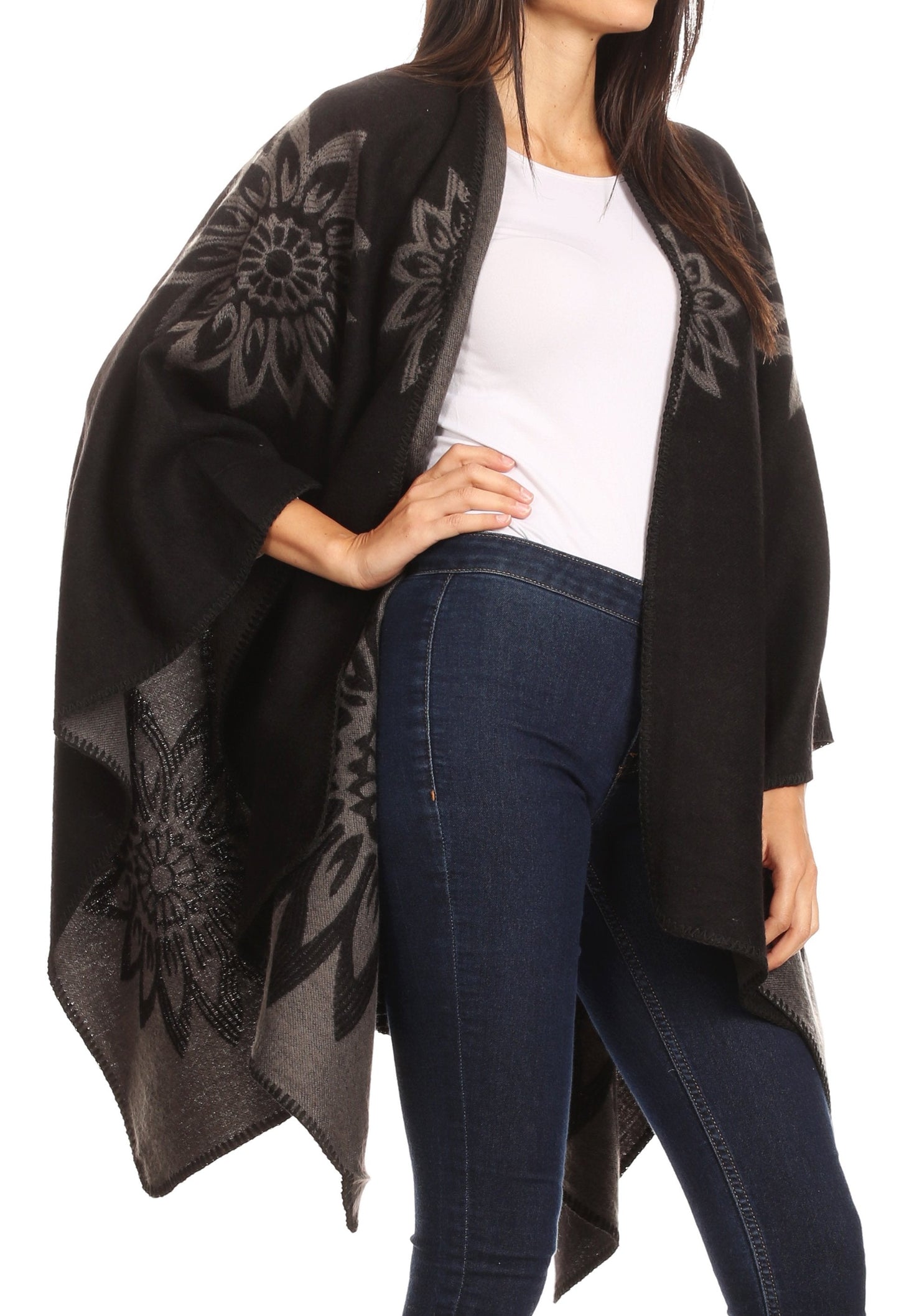 Sakkas Lupe Womens Reversible Poncho Wrap Cape Shawl Sweater Coat Cardigan Pattern - Concordia Style Boutique