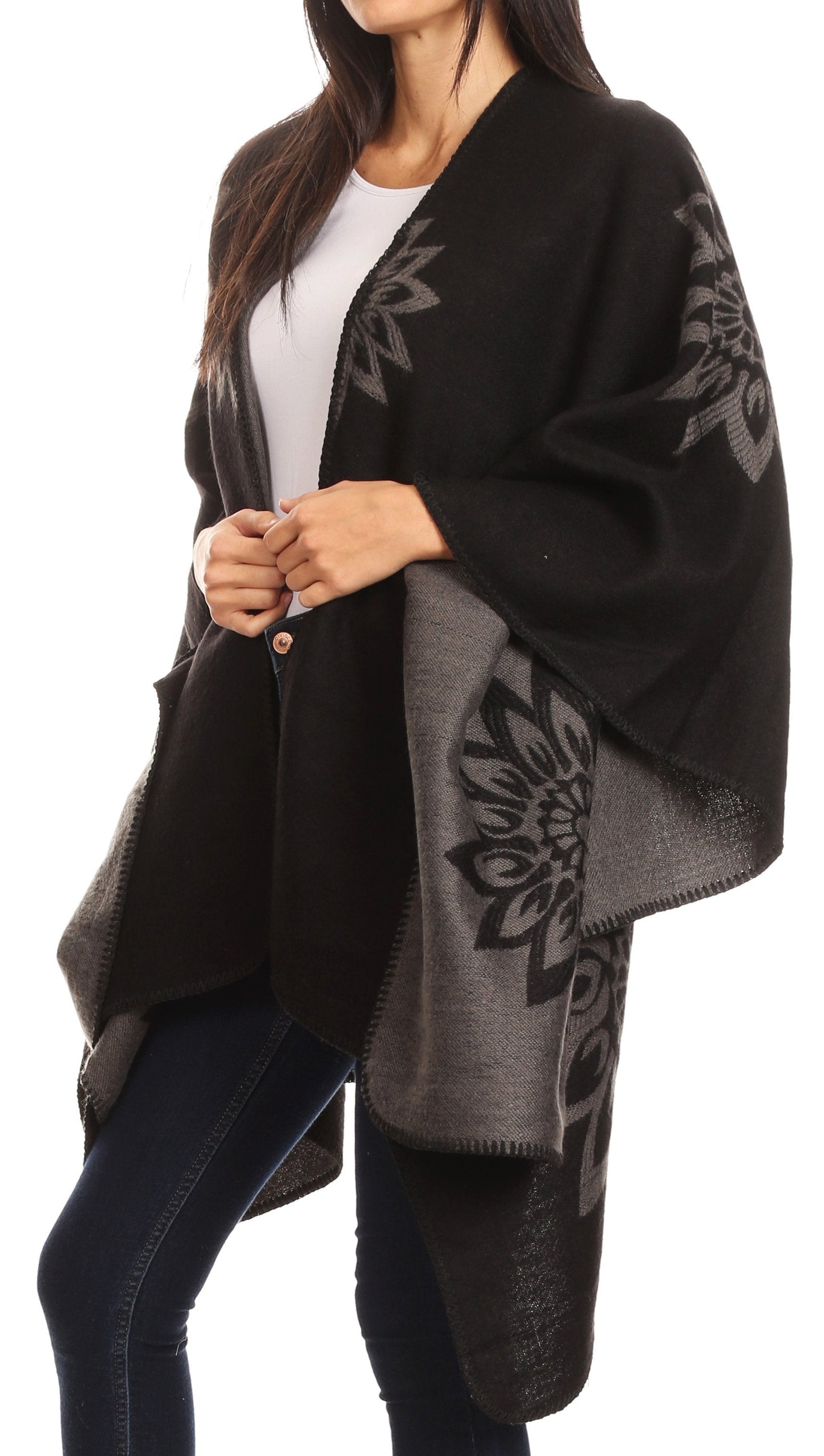Sakkas Lupe Womens Reversible Poncho Wrap Cape Shawl Sweater Coat Cardigan Pattern - Concordia Style Boutique