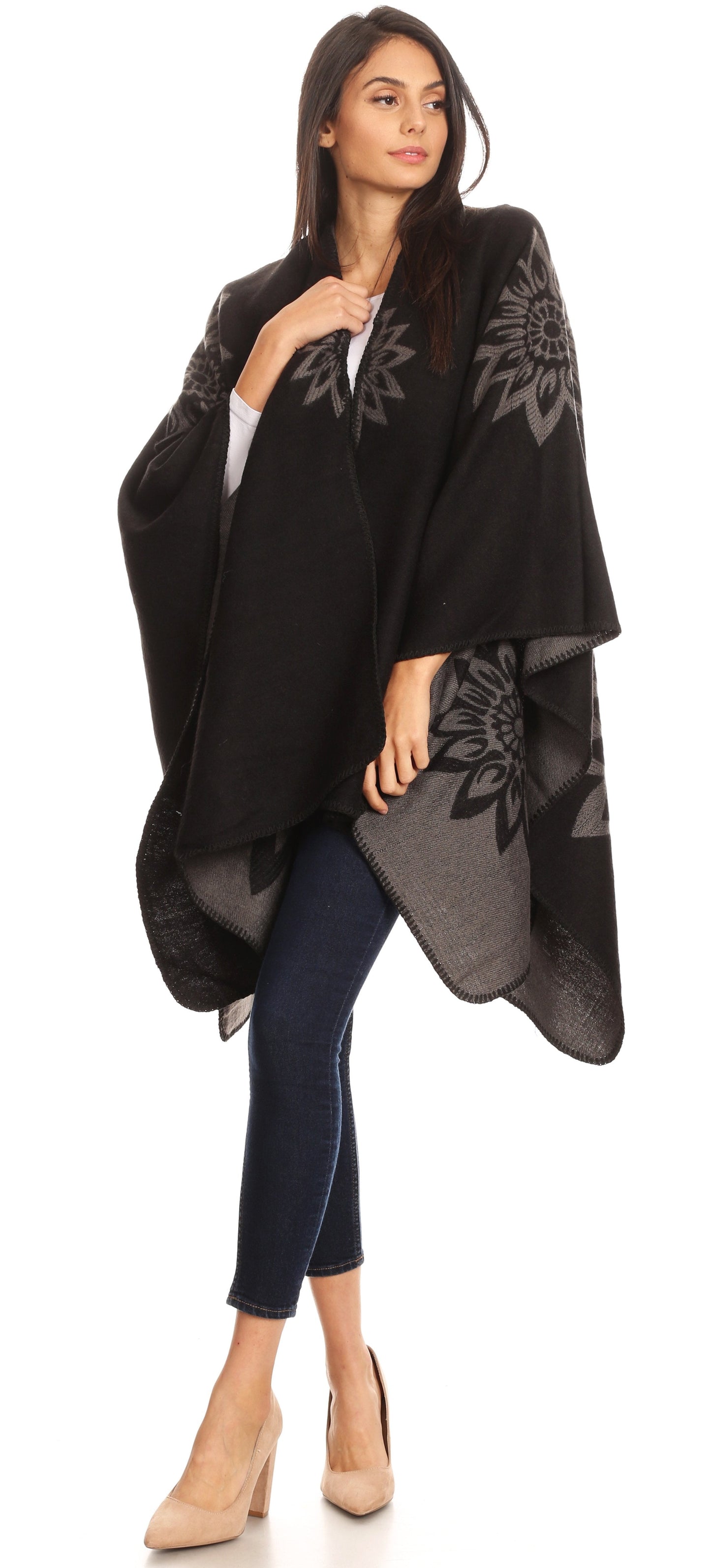Sakkas Lupe Womens Reversible Poncho Wrap Cape Shawl Sweater Coat Cardigan Pattern - Concordia Style Boutique