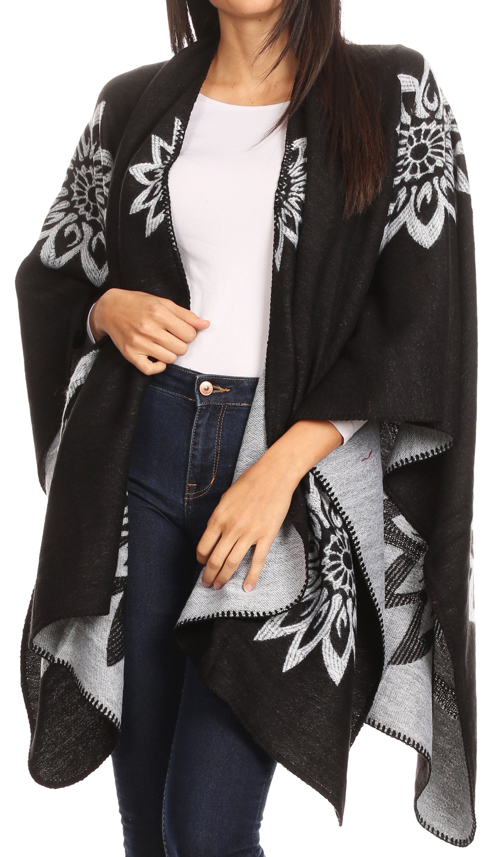 Sakkas Lupe Womens Reversible Poncho Wrap Cape Shawl Sweater Coat Cardigan Pattern - Concordia Style Boutique