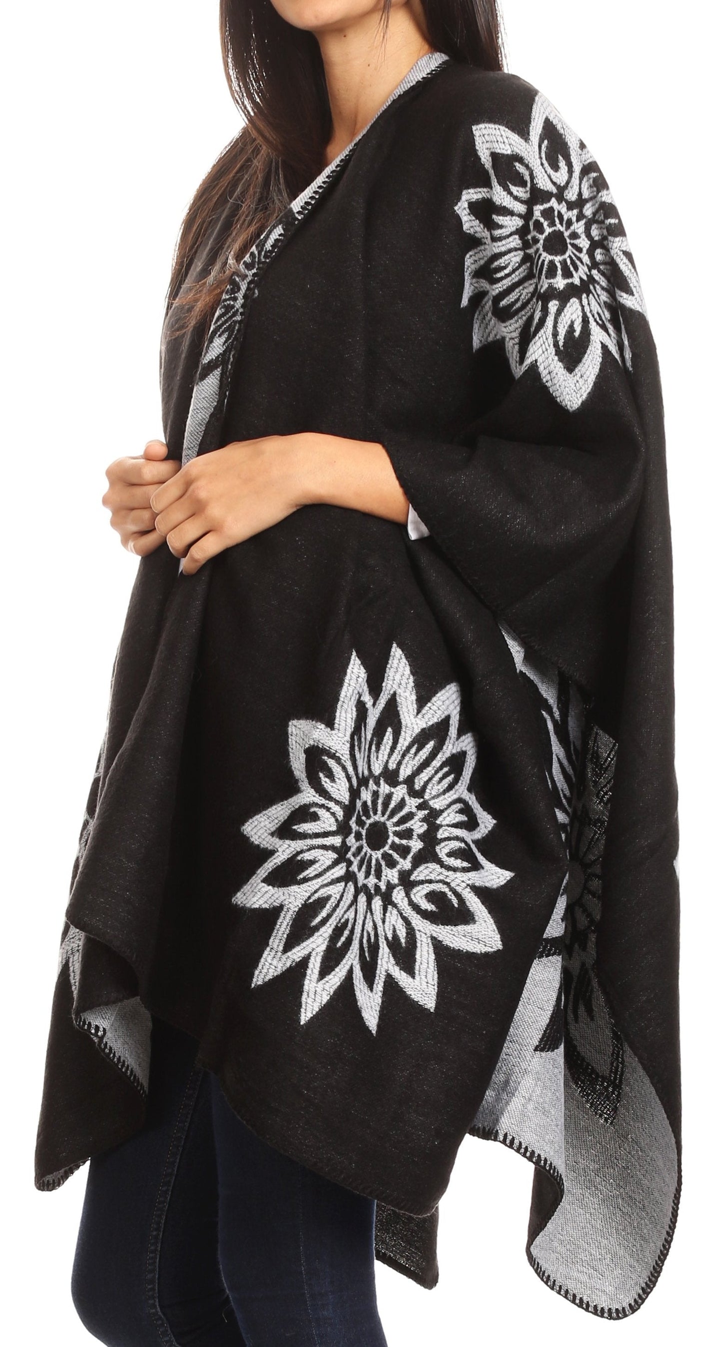 Sakkas Lupe Womens Reversible Poncho Wrap Cape Shawl Sweater Coat Cardigan Pattern - Concordia Style Boutique
