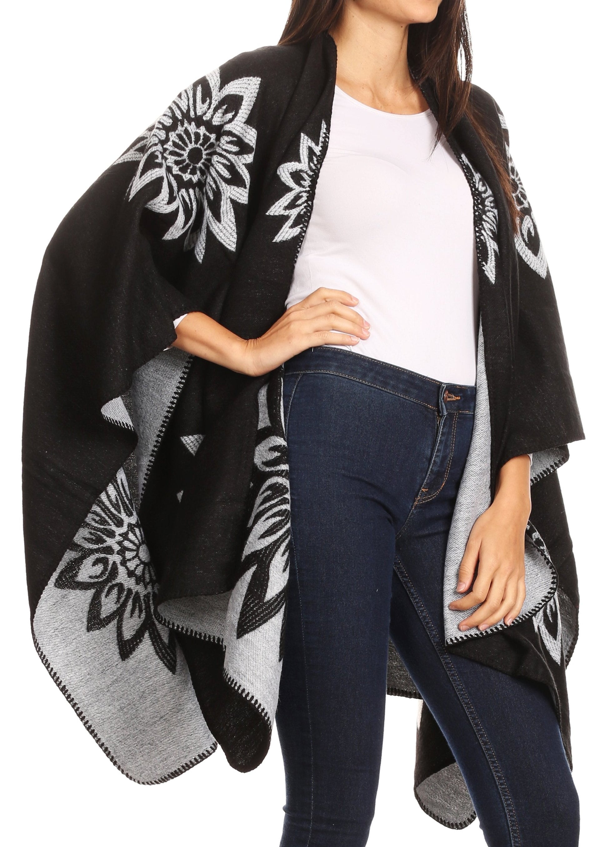Sakkas Lupe Womens Reversible Poncho Wrap Cape Shawl Sweater Coat Cardigan Pattern - Concordia Style Boutique