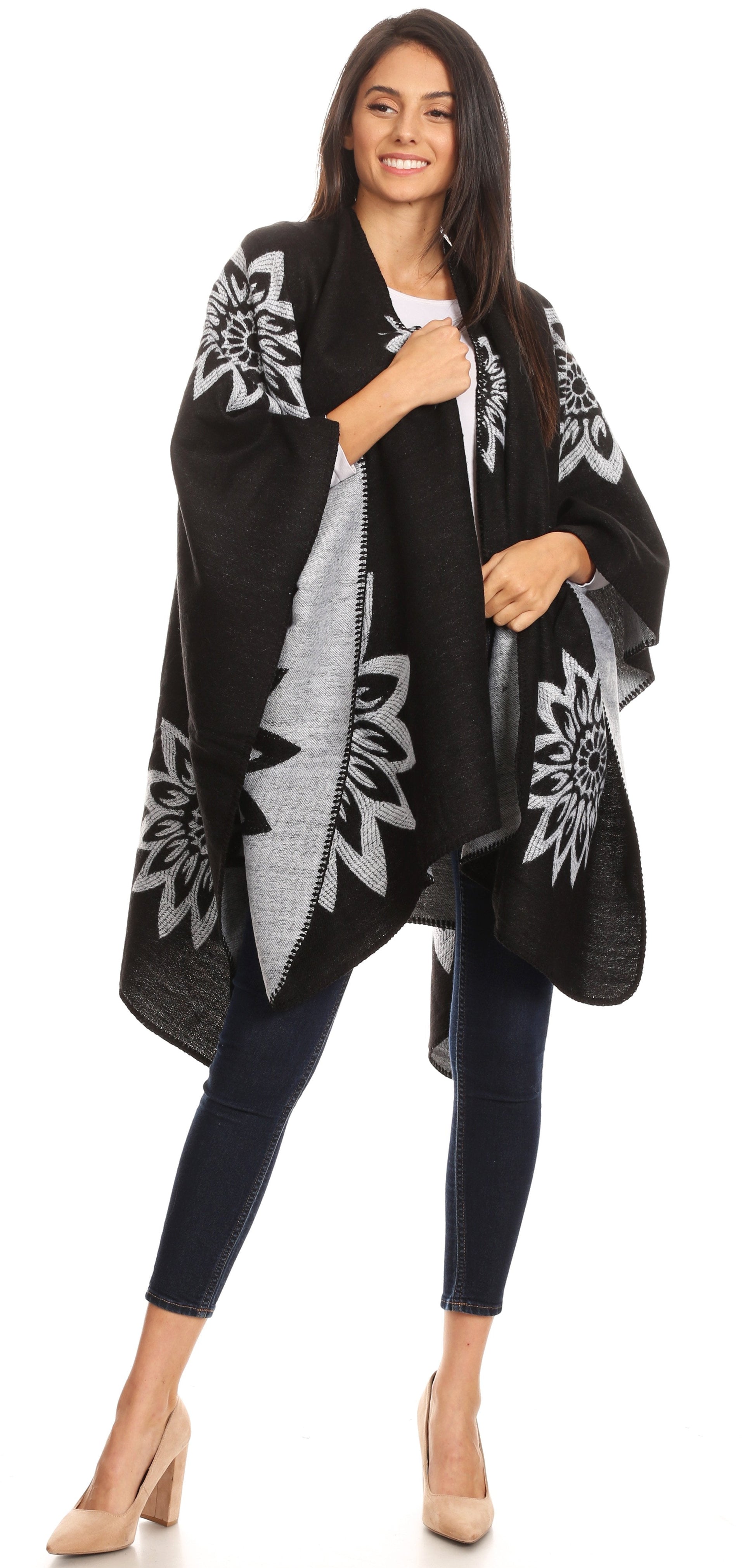 Sakkas Lupe Womens Reversible Poncho Wrap Cape Shawl Sweater Coat Cardigan Pattern - Concordia Style Boutique