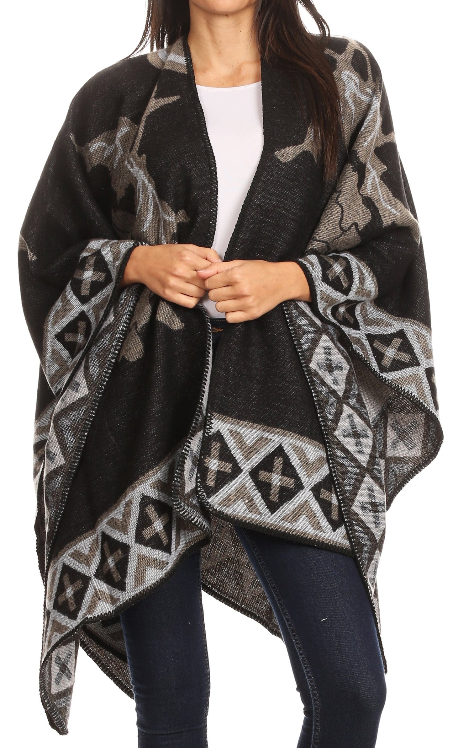 Sakkas Lupe Womens Reversible Poncho Wrap Cape Shawl Sweater Coat Cardigan Pattern - Concordia Style Boutique