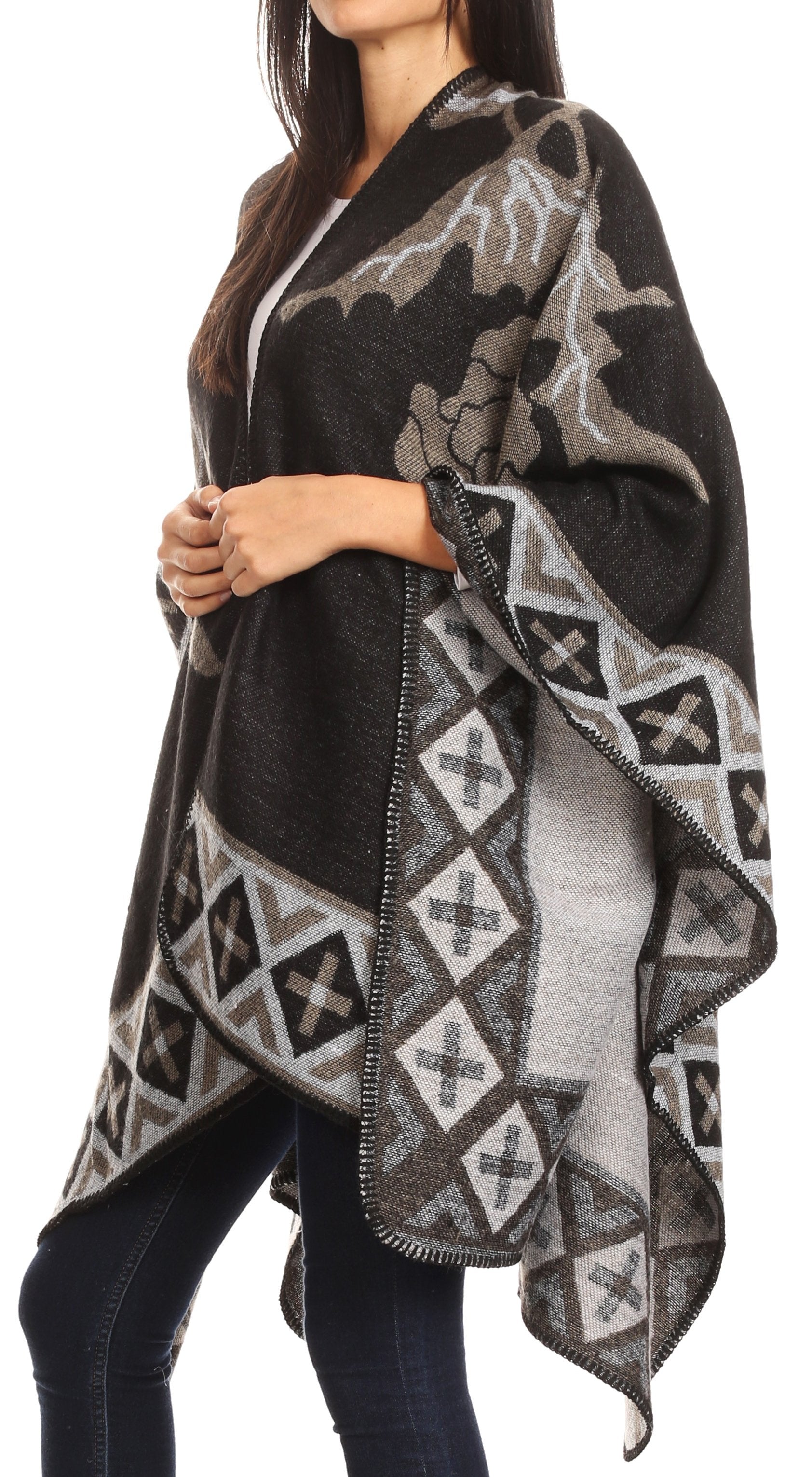 Sakkas Lupe Womens Reversible Poncho Wrap Cape Shawl Sweater Coat Cardigan Pattern - Concordia Style Boutique