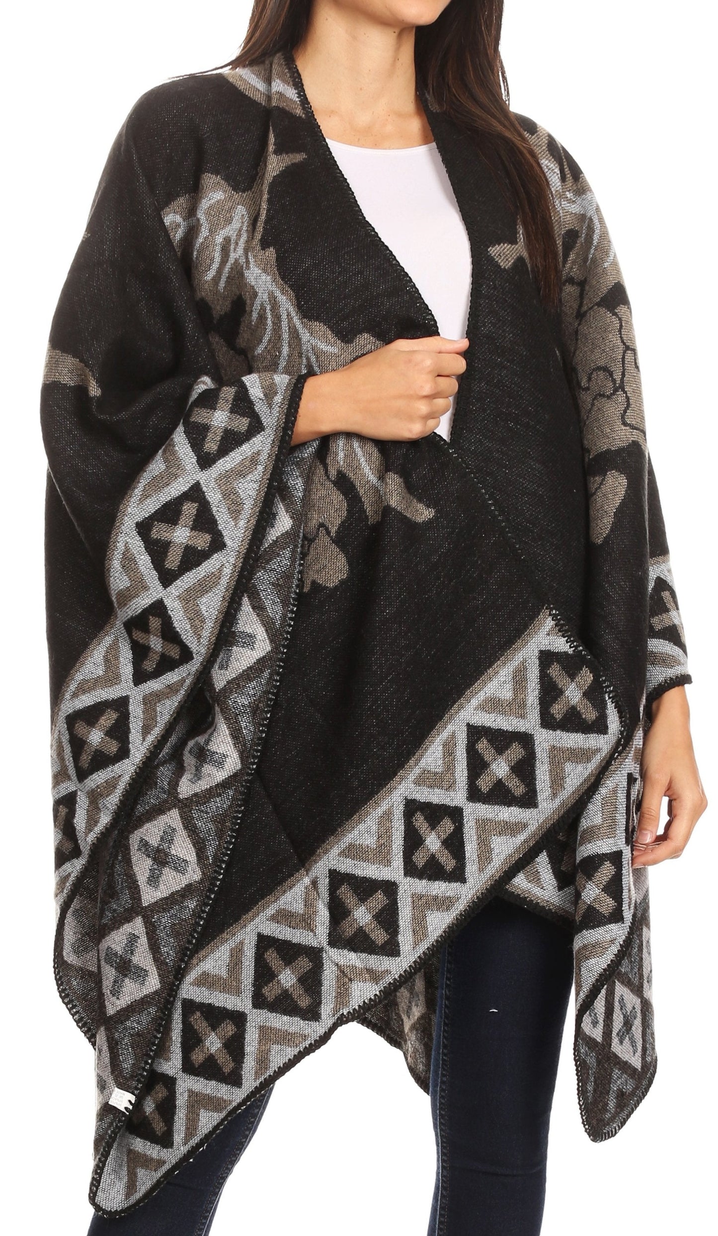 Sakkas Lupe Womens Reversible Poncho Wrap Cape Shawl Sweater Coat Cardigan Pattern - Concordia Style Boutique
