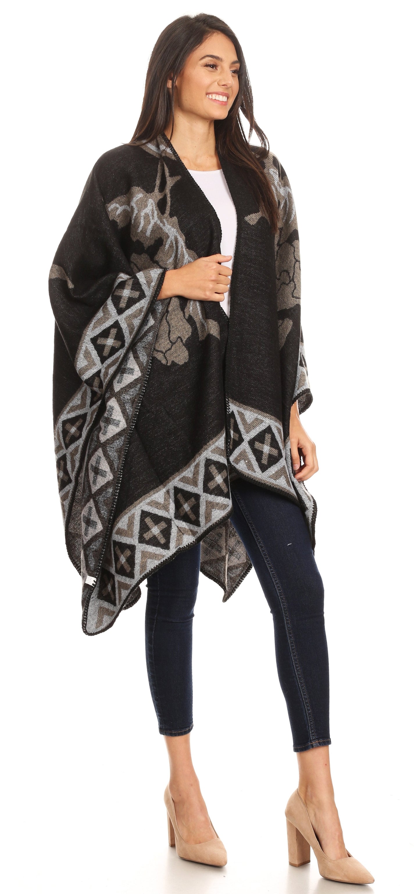 Sakkas Lupe Womens Reversible Poncho Wrap Cape Shawl Sweater Coat Cardigan Pattern - Concordia Style Boutique