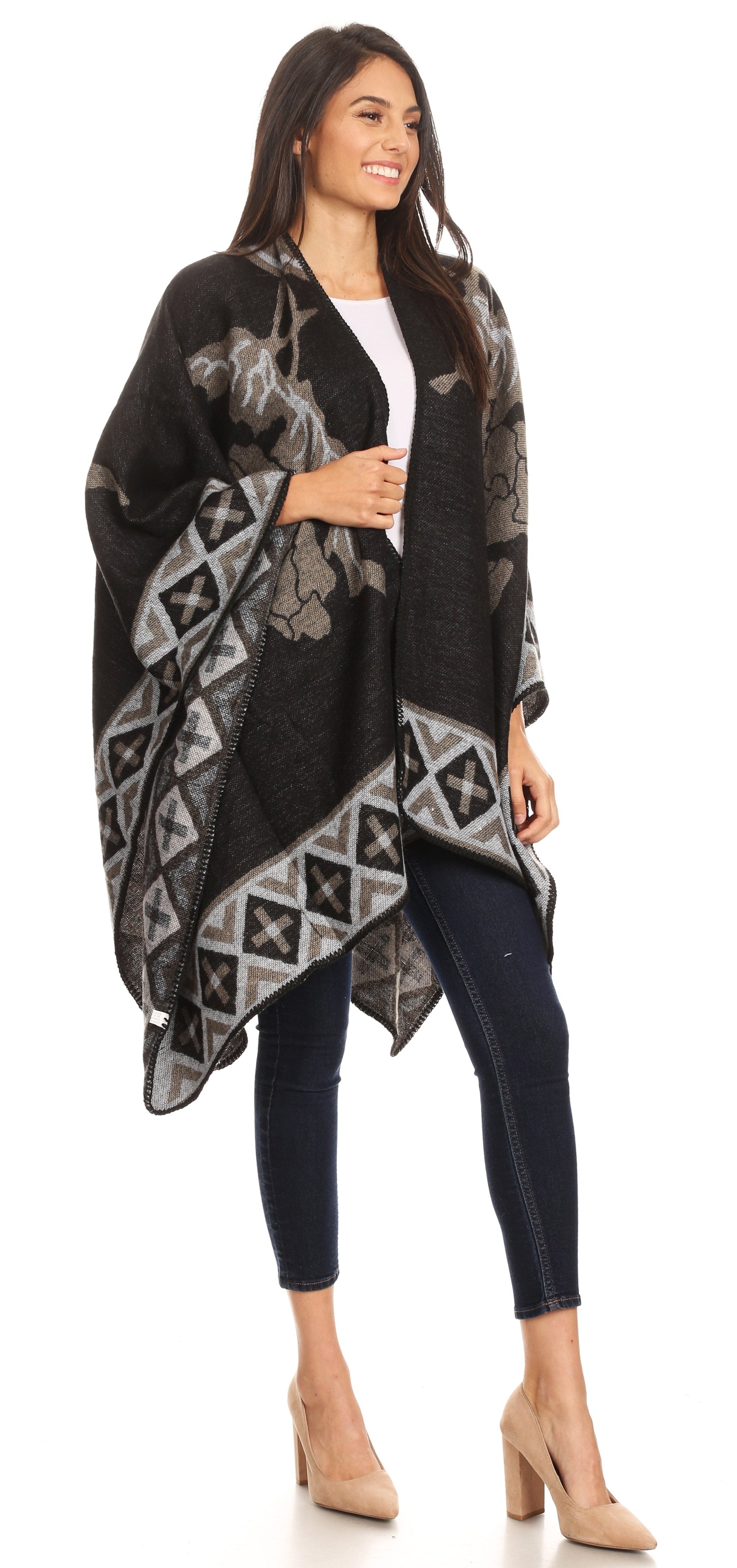 Sakkas Lupe Womens Reversible Poncho Wrap Cape Shawl Sweater Coat Cardigan Pattern - Concordia Style Boutique