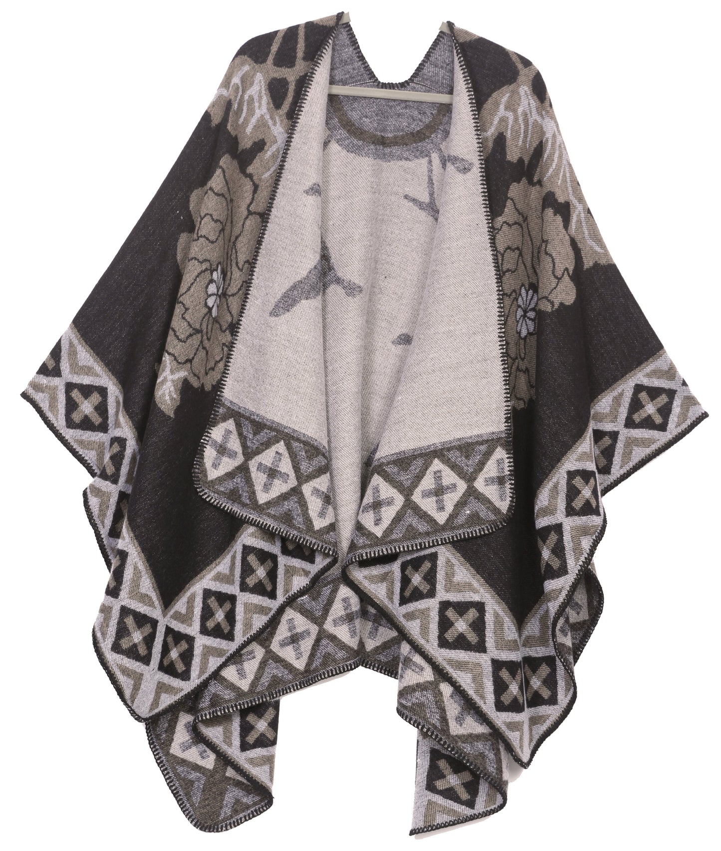 Sakkas Lupe Womens Reversible Poncho Wrap Cape Shawl Sweater Coat Cardigan Pattern - Concordia Style Boutique