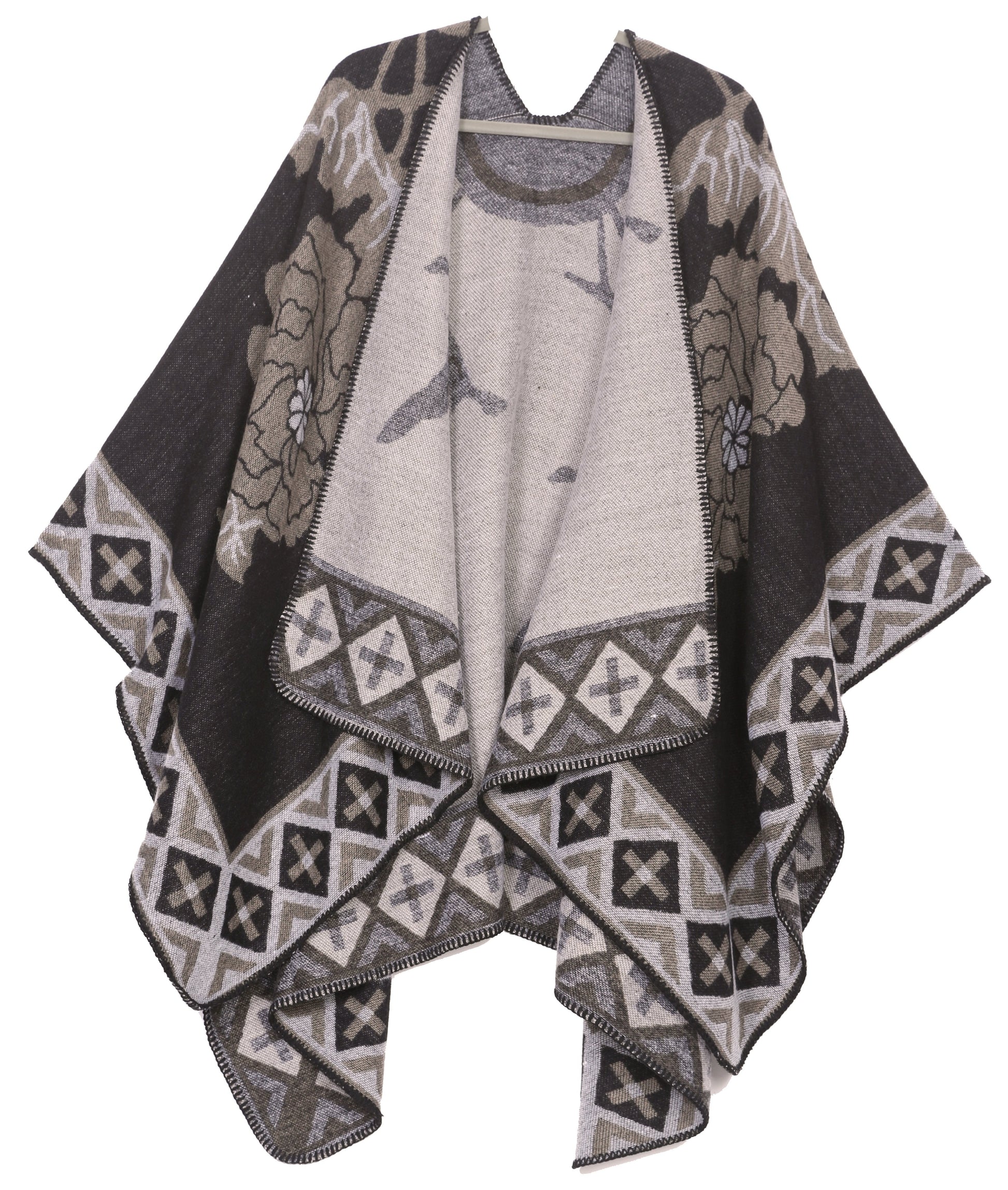 Sakkas Lupe Womens Reversible Poncho Wrap Cape Shawl Sweater Coat Cardigan Pattern - Concordia Style Boutique